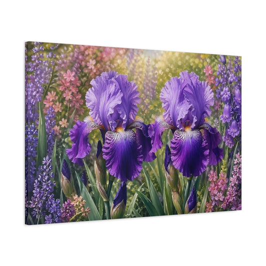 Main Mockup. Floral Purple Iris Purple Flowers shown as stretched canvas wall art