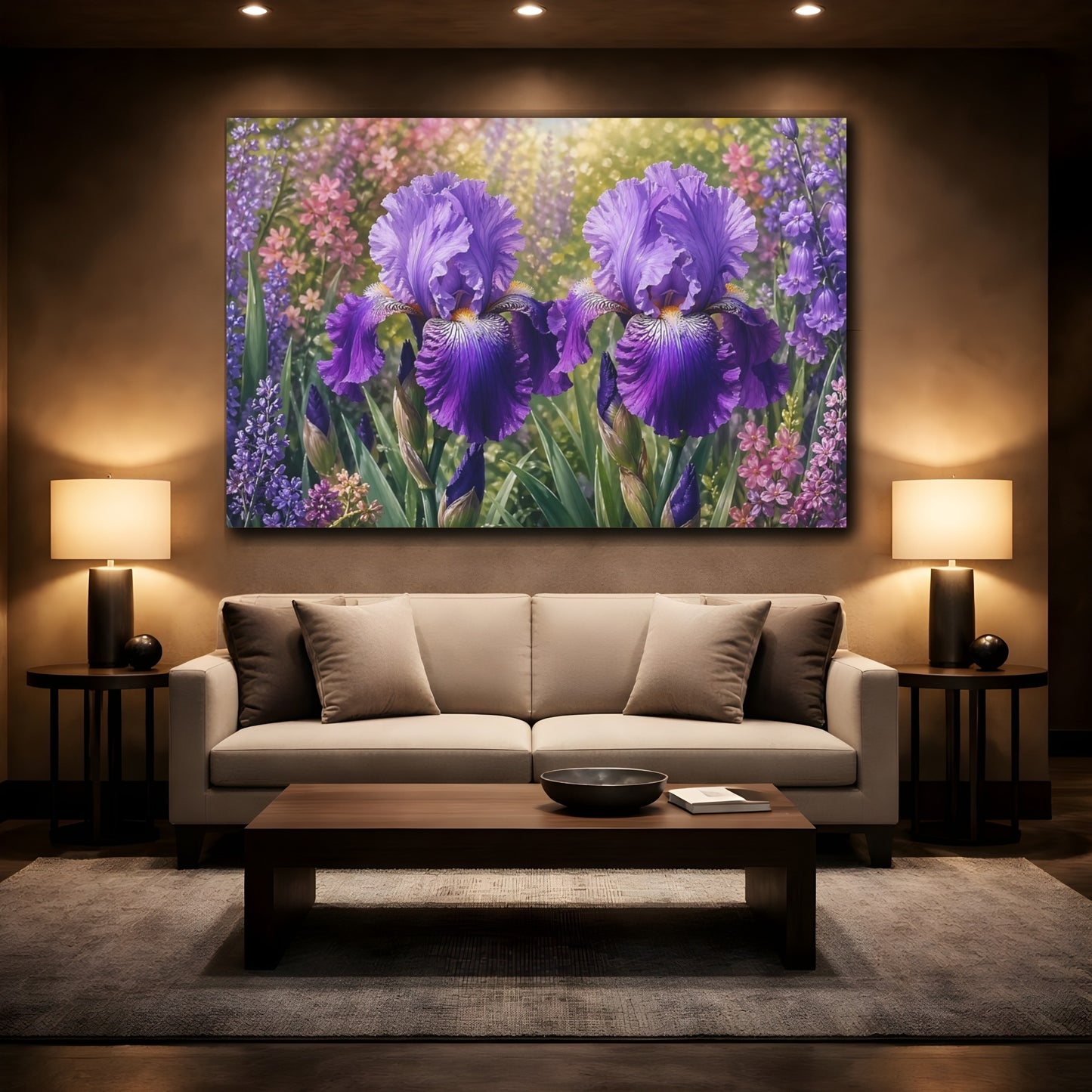 Mockup 2. Floral Purple Iris Purple Flowers shown as stretched canvas wall art
