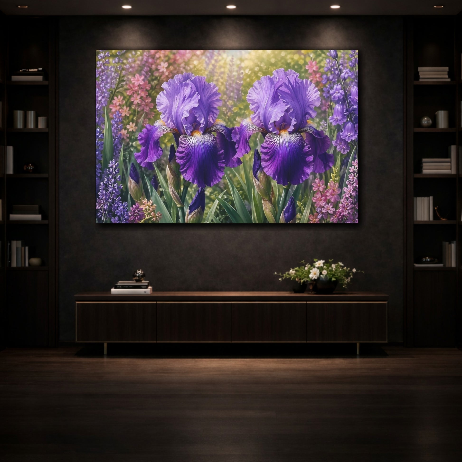 Mockup 3. Floral Purple Iris Purple Flowers shown as stretched canvas wall art