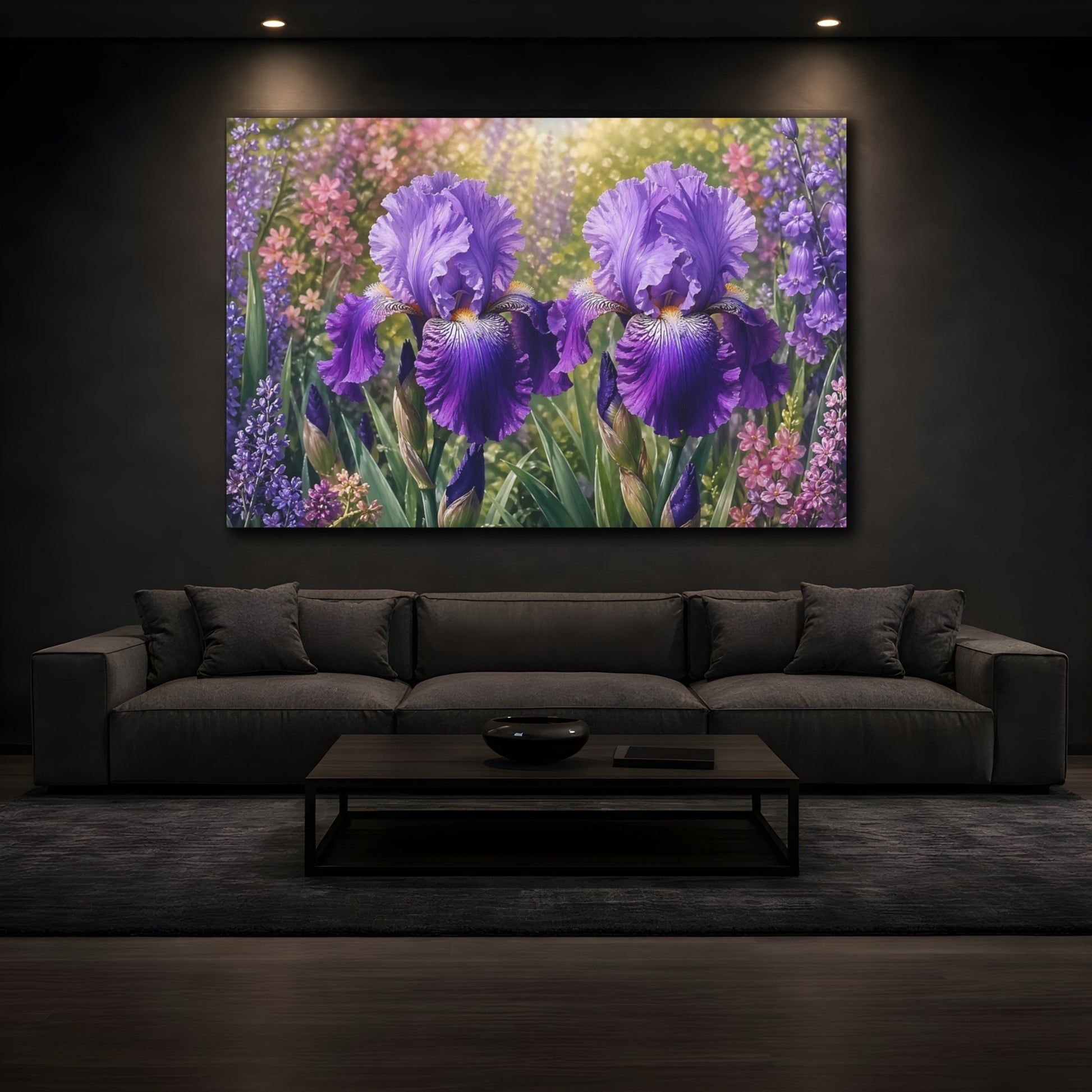 Mockup 4. Floral Purple Iris Purple Flowers shown as stretched canvas wall art