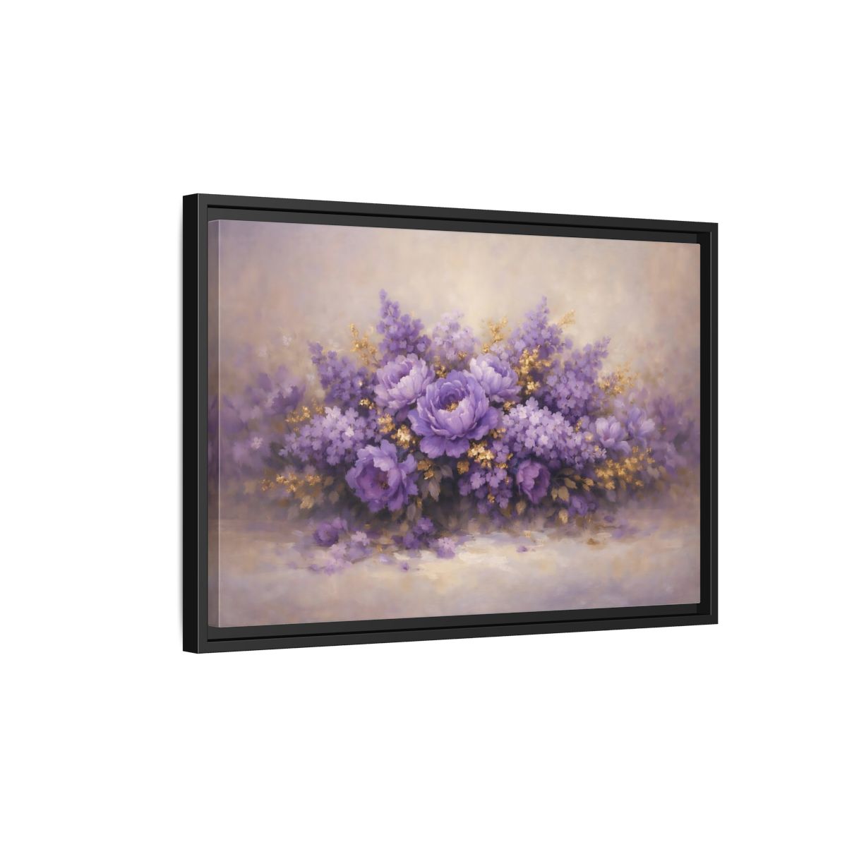 Side Mockup 3. Floral Purple Peonies Purple Gold Floral shown as stretched canvas wall art