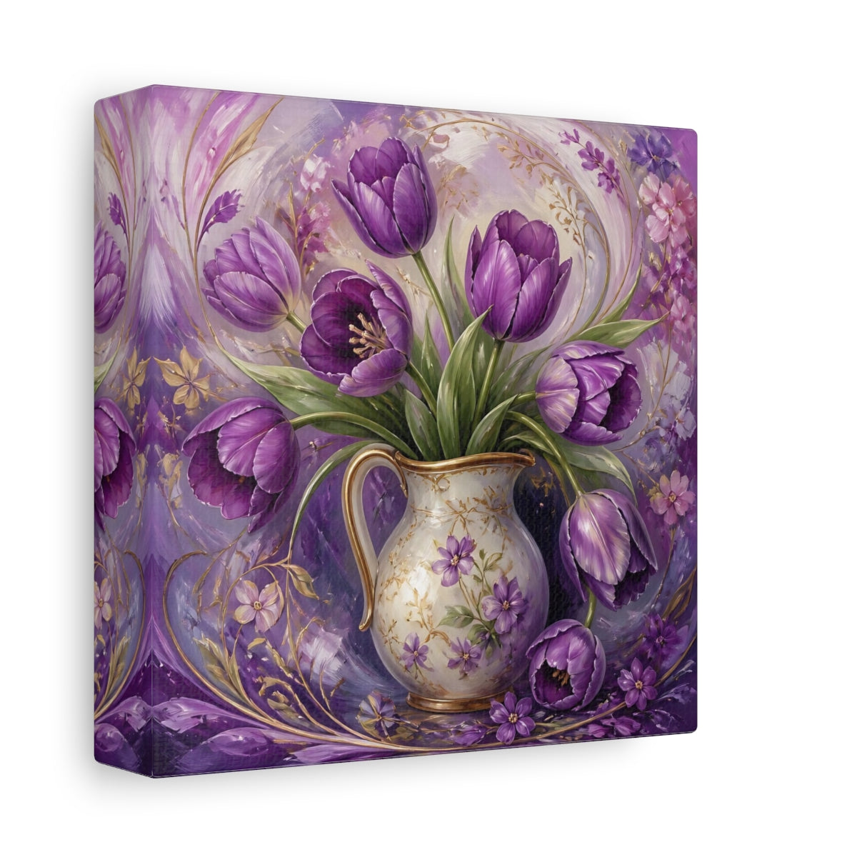 Side Mockup 2. Floral Purple Tulips Purple Tulips shown as stretched canvas wall art