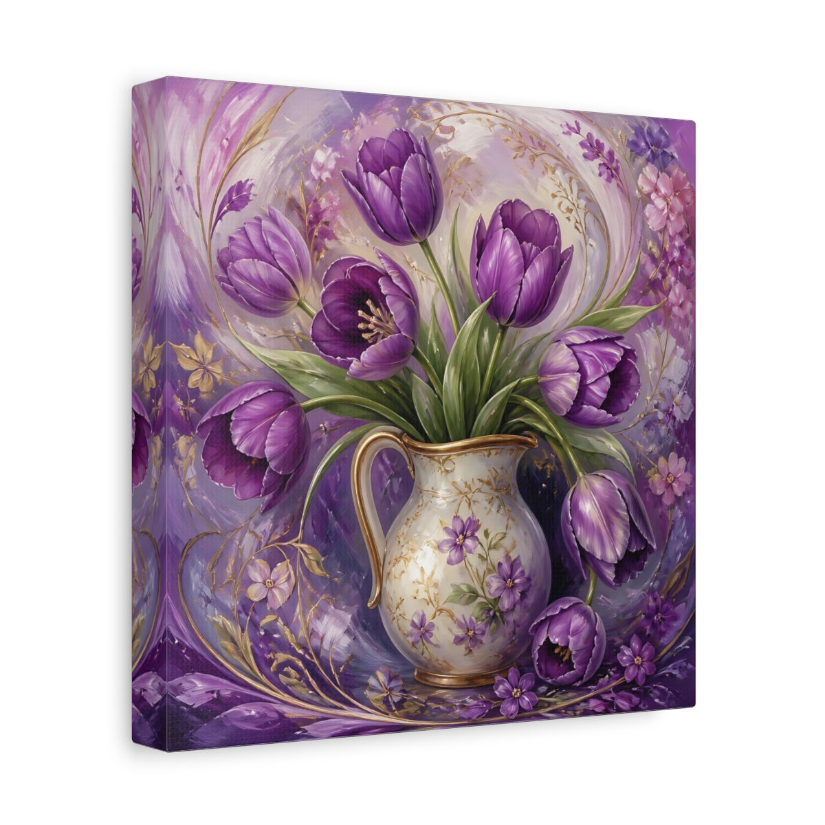 Side Mockup 9. Floral Purple Tulips Purple Tulips shown as stretched canvas wall art