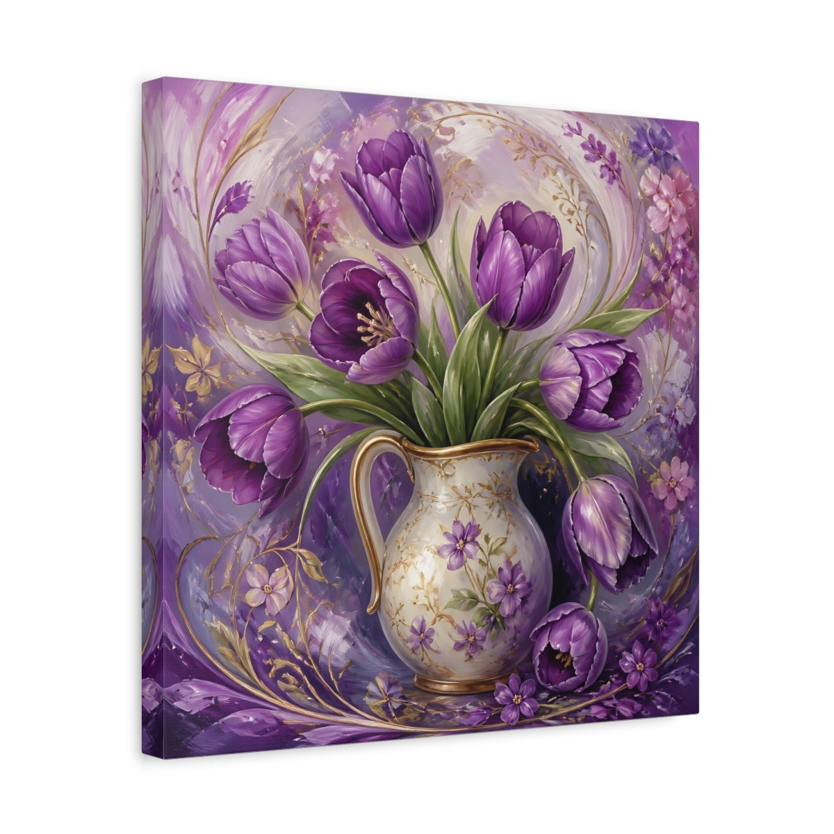 Side Mockup 6. Floral Purple Tulips Purple Tulips shown as stretched canvas wall art