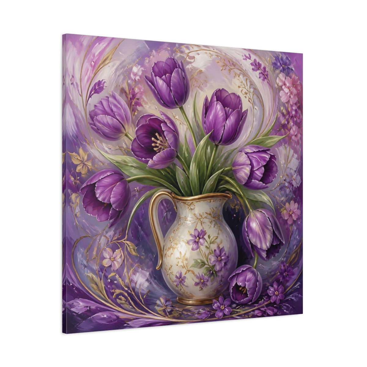 Side Mockup 1. Floral Purple Tulips Purple Tulips shown as stretched canvas wall art