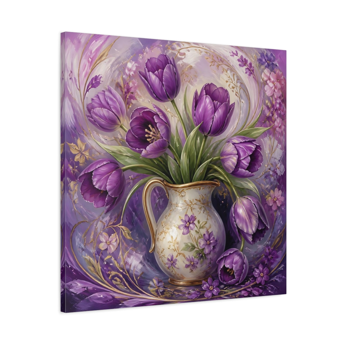 Side Mockup 3. Floral Purple Tulips Purple Tulips shown as stretched canvas wall art