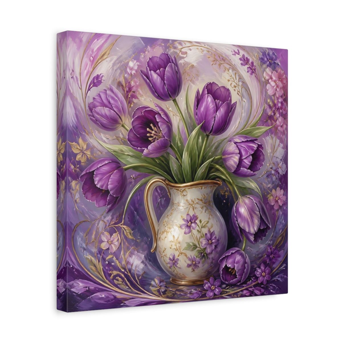 Side Mockup 7. Floral Purple Tulips Purple Tulips shown as stretched canvas wall art