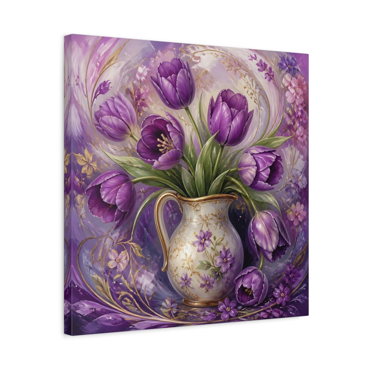 Side Mockup 5. Floral Purple Tulips Purple Tulips shown as stretched canvas wall art