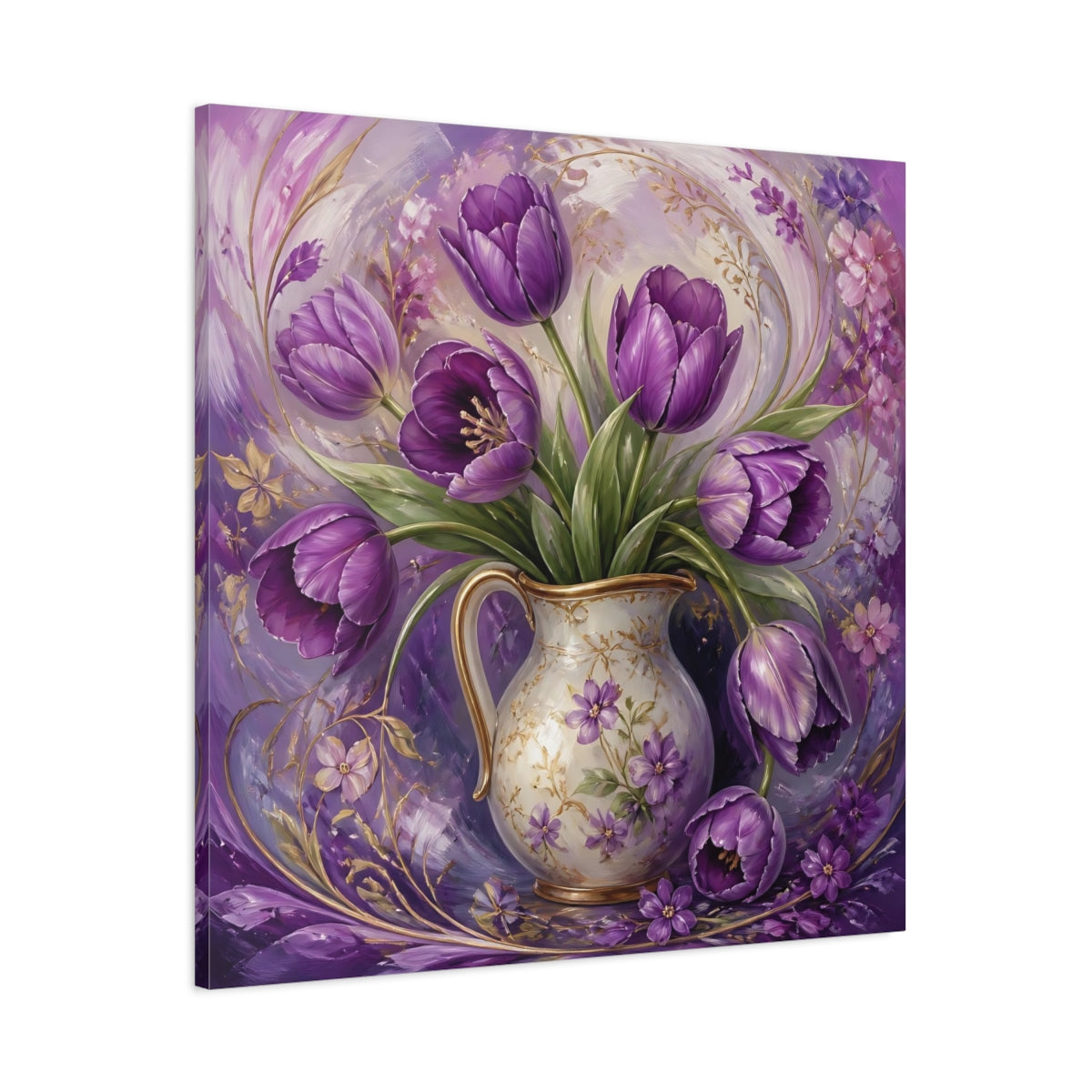 Main Mockup. Floral Purple Tulips Purple Tulips shown as stretched canvas wall art