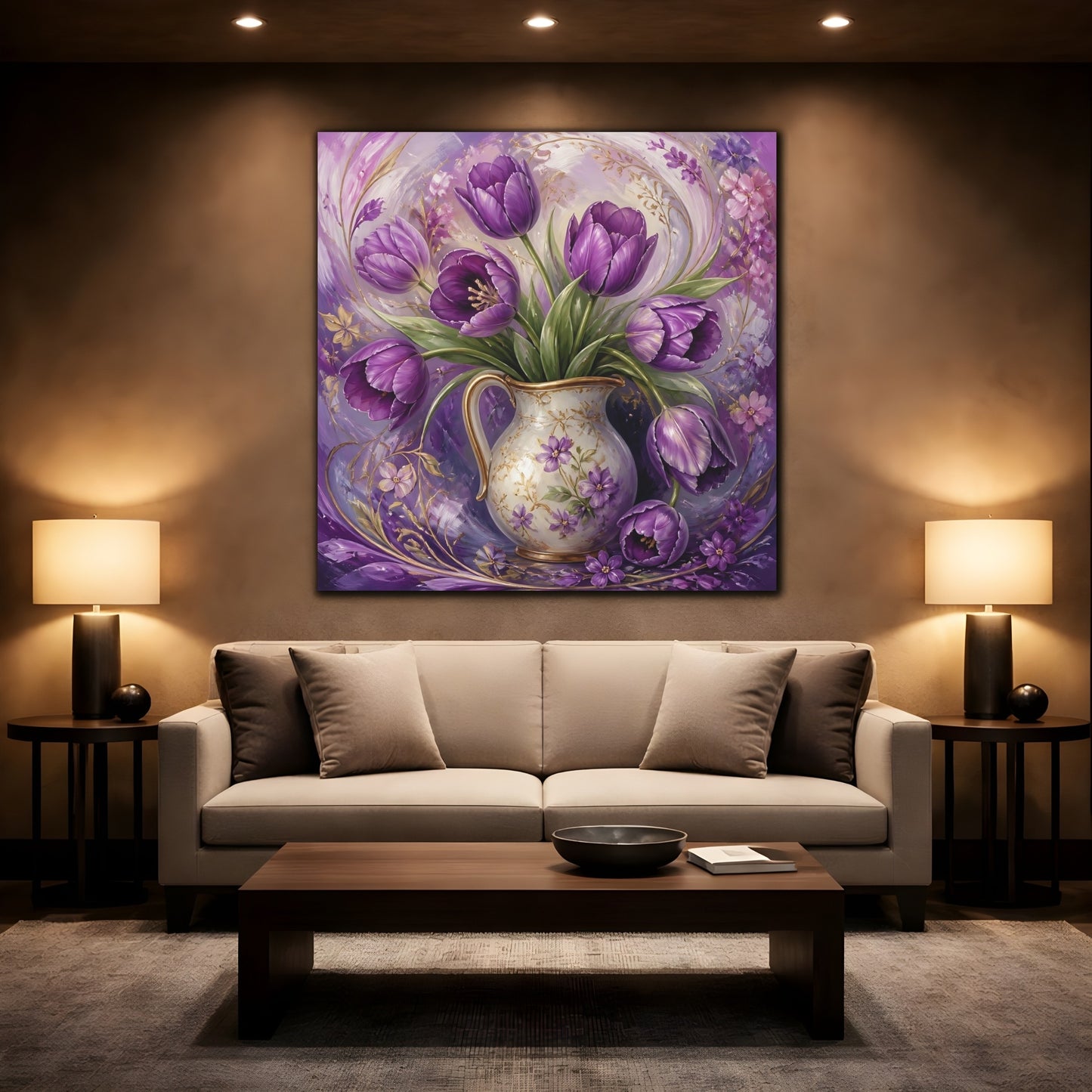 Mockup 2. Floral Purple Tulips Purple Tulips shown as stretched canvas wall art