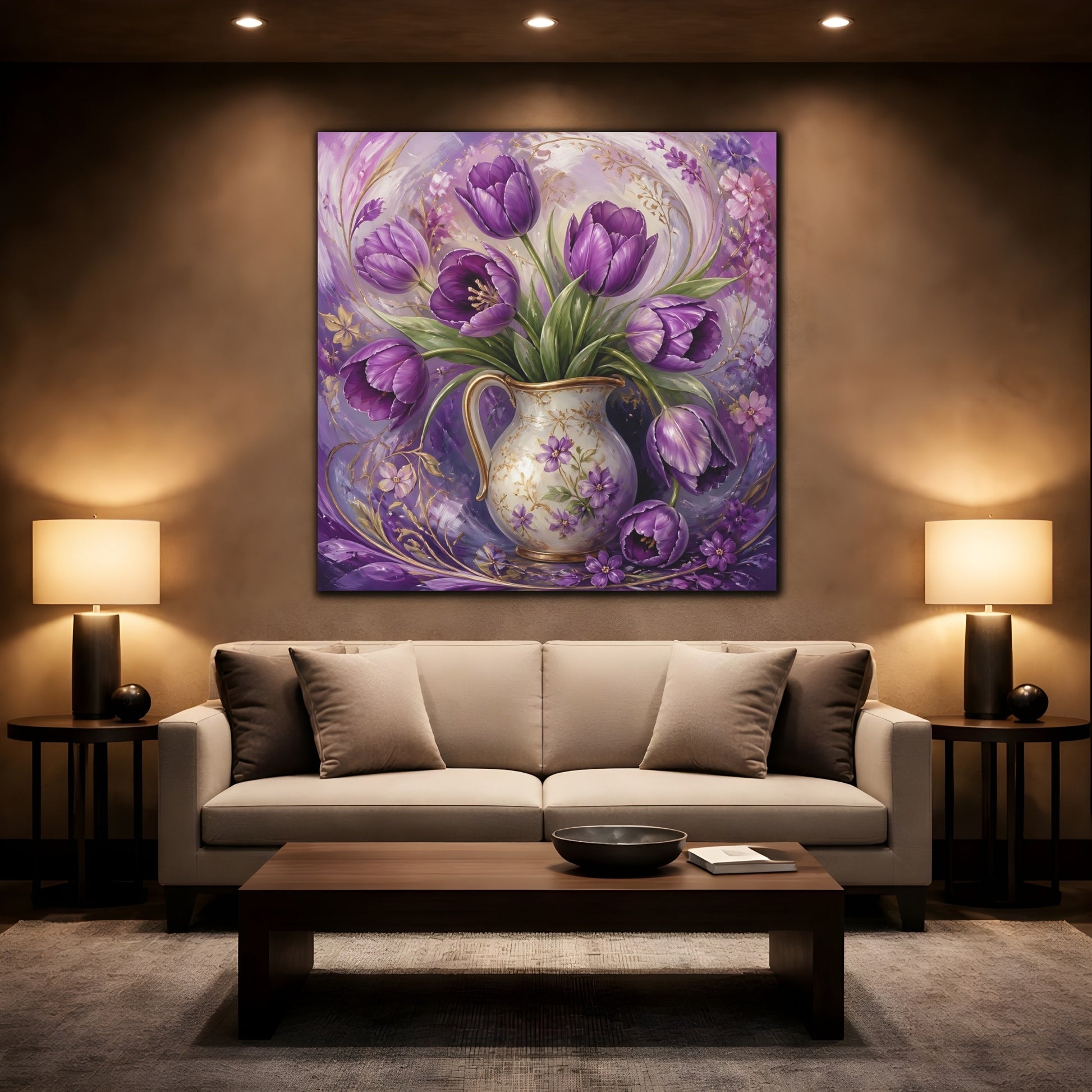 Mockup 2. Floral Purple Tulips Purple Tulips shown as stretched canvas wall art