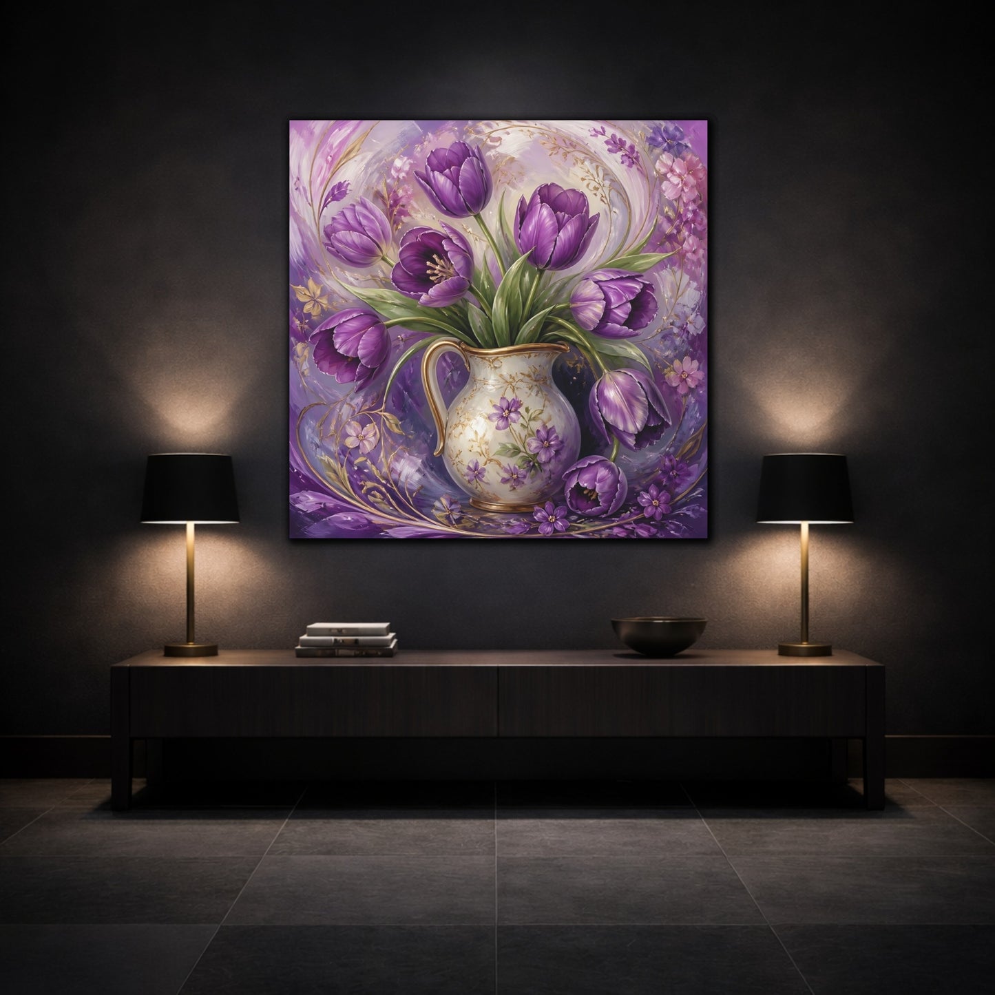 Mockup 3. Floral Purple Tulips Purple Tulips shown as stretched canvas wall art