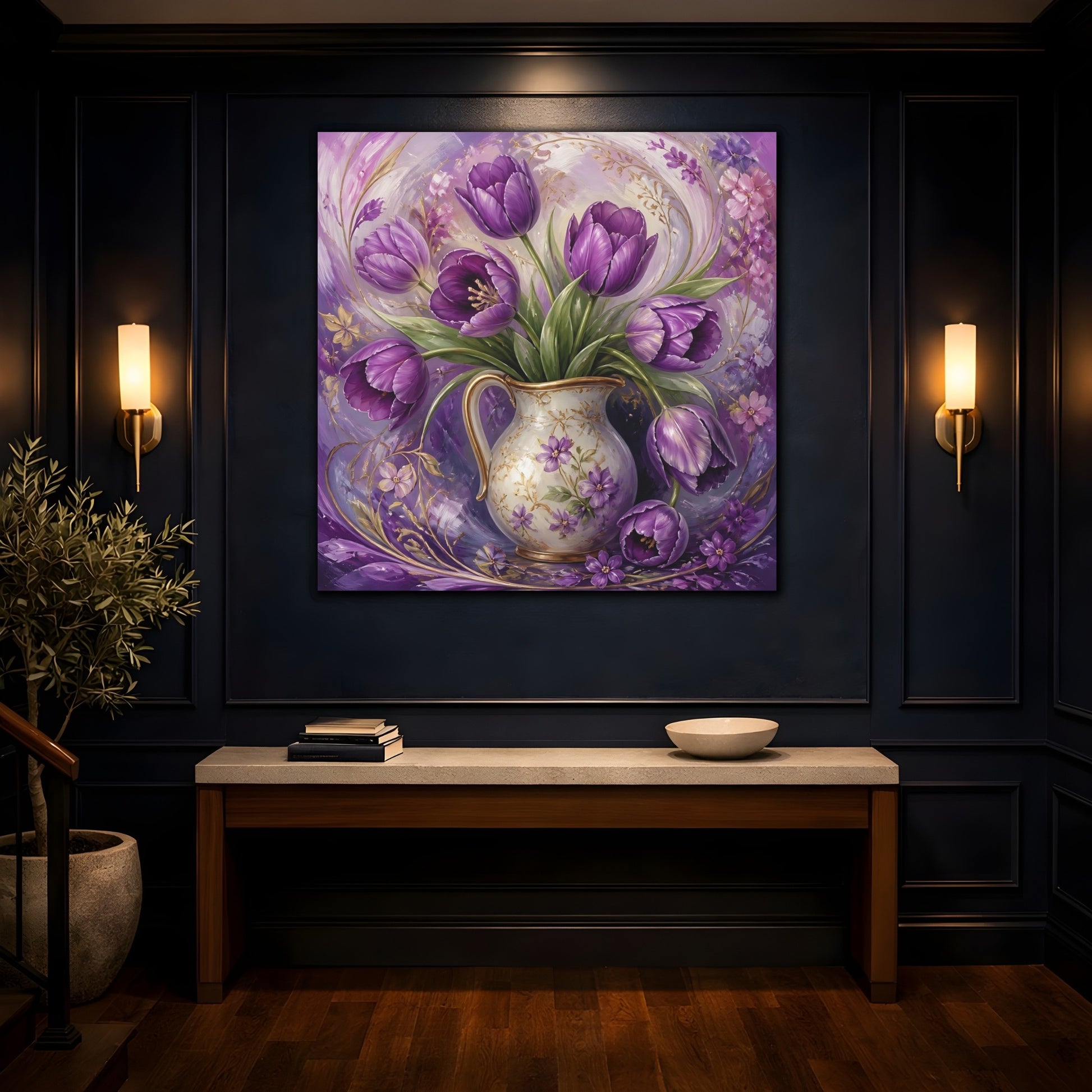 Mockup 4. Floral Purple Tulips Purple Tulips shown as stretched canvas wall art