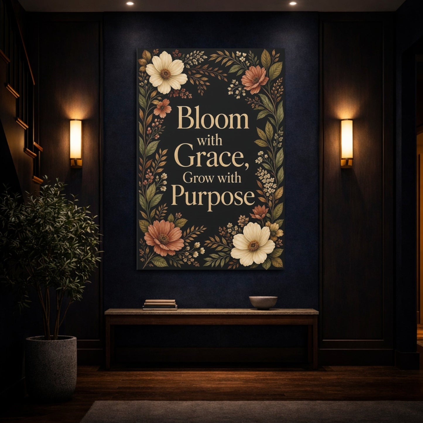 Floral Quote Black And Gold Canvas Wall Art Print – Decorative Living Room, Above Fireplace - YesArtYes