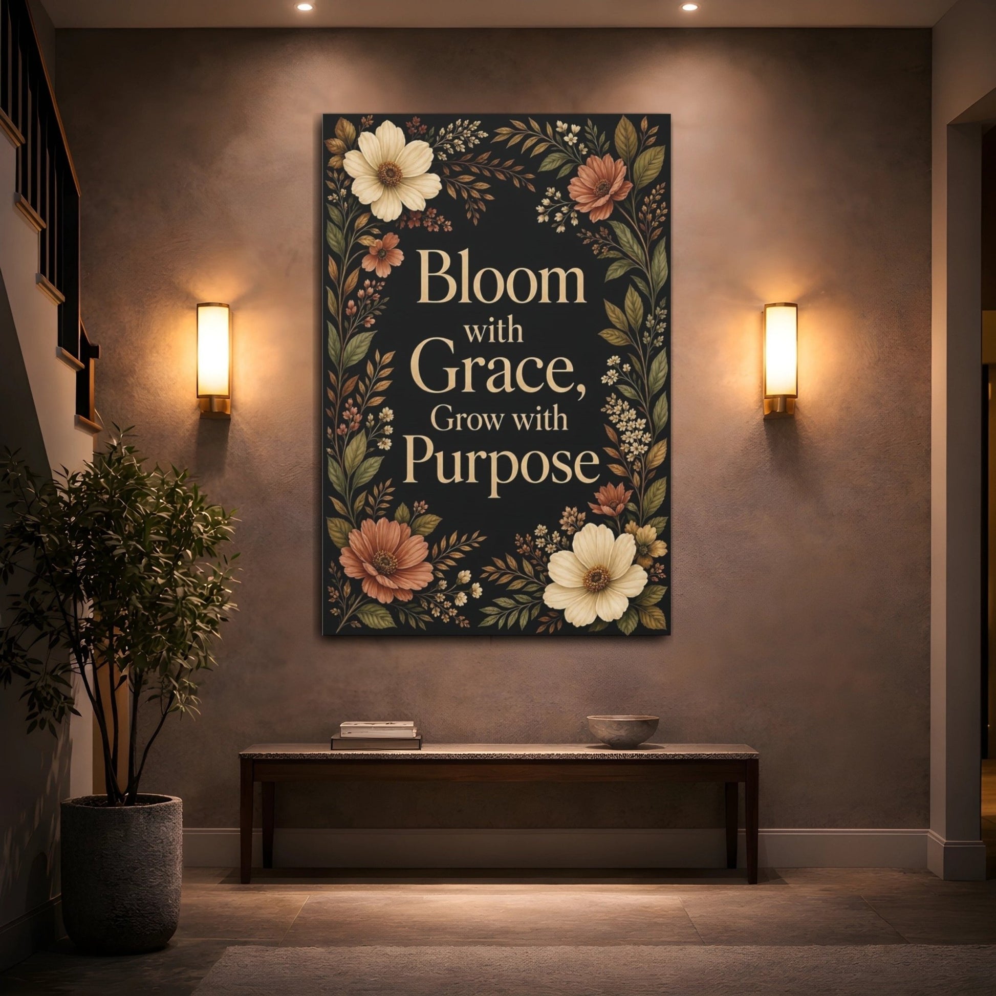 Floral Quote Black And Gold Canvas Wall Art Print – Decorative Living Room, Above Fireplace - YesArtYes