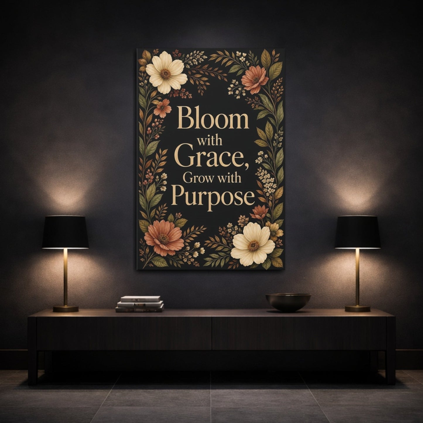 Floral Quote Black And Gold Canvas Wall Art Print – Decorative Living Room, Above Fireplace - YesArtYes