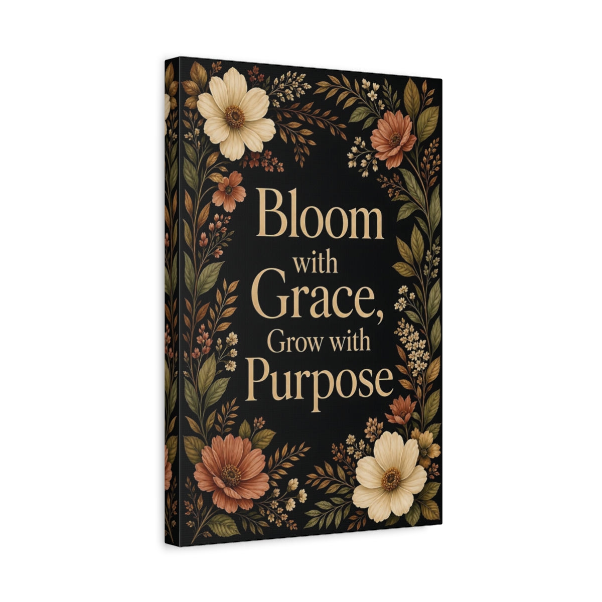 Side Mockup 4. Floral Floral Quote Black And Gold Floral shown as stretched canvas wall art