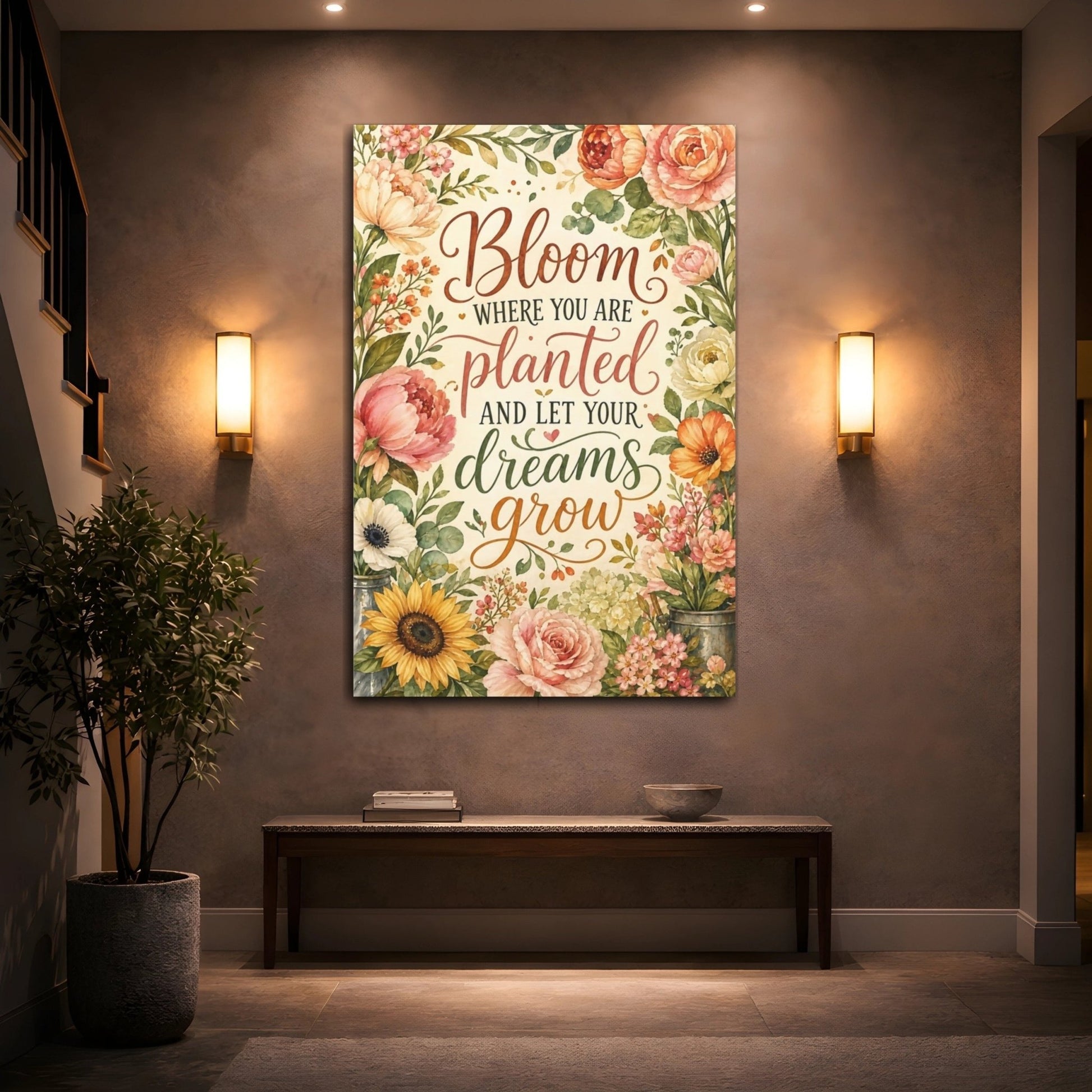 Floral Quote Pastel Canvas Print – Watercolor Living Room, Above Fireplace - YesArtYes