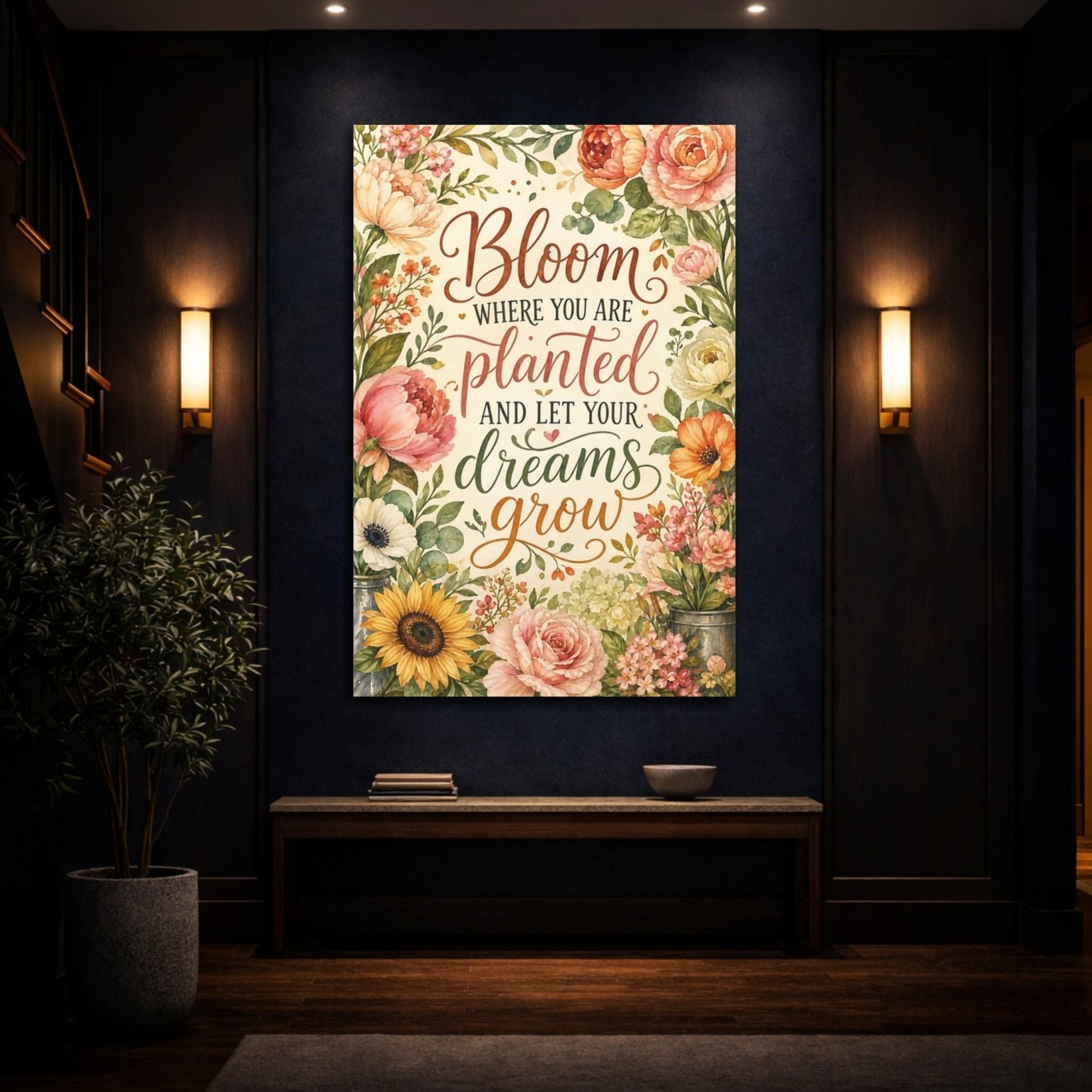 Floral Quote Pastel Canvas Print – Watercolor Living Room, Above Fireplace - YesArtYes