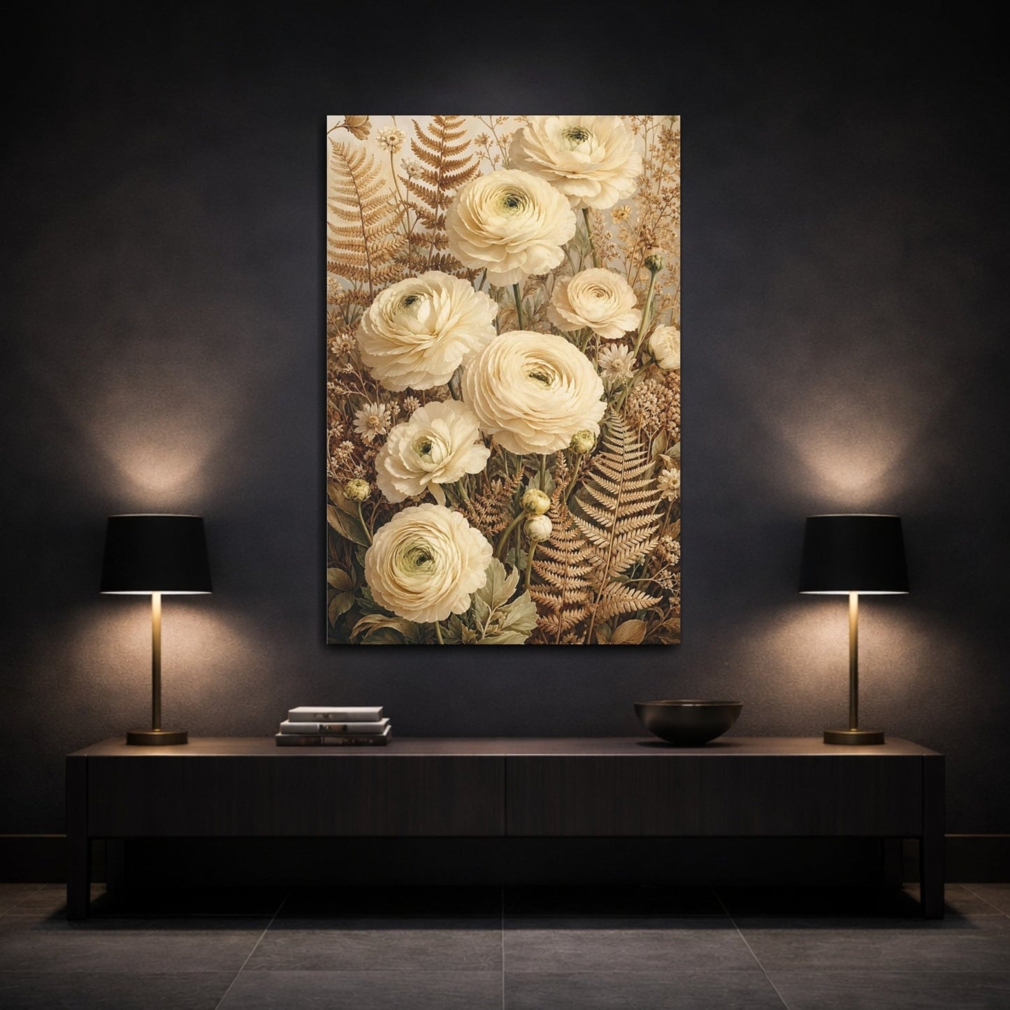 Floral Ranunculus Flowers Cream Canvas Print – Botanical Decor for Living Room, Above Fireplace - YesArtYes