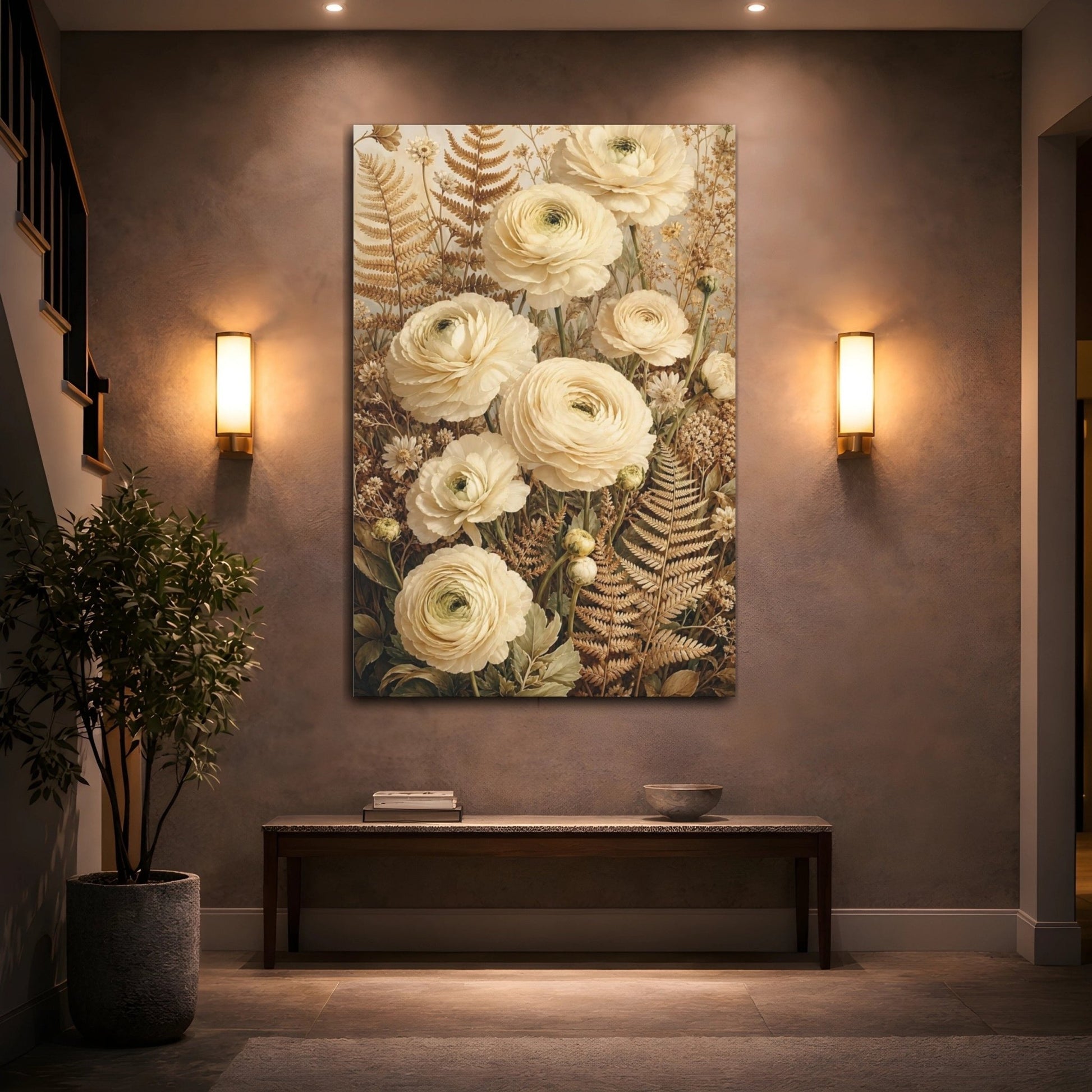 Floral Ranunculus Flowers Cream Canvas Print – Botanical Decor for Living Room, Above Fireplace - YesArtYes