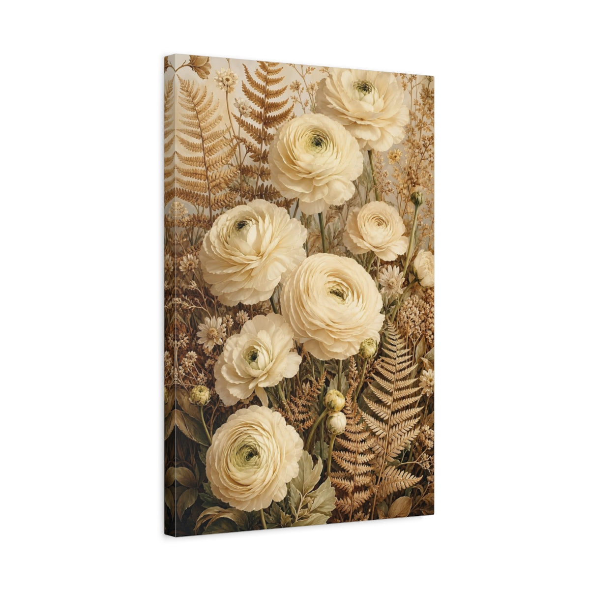 Side Mockup 3. Floral Ranunculus Flowers Cream Floral shown as canvas print