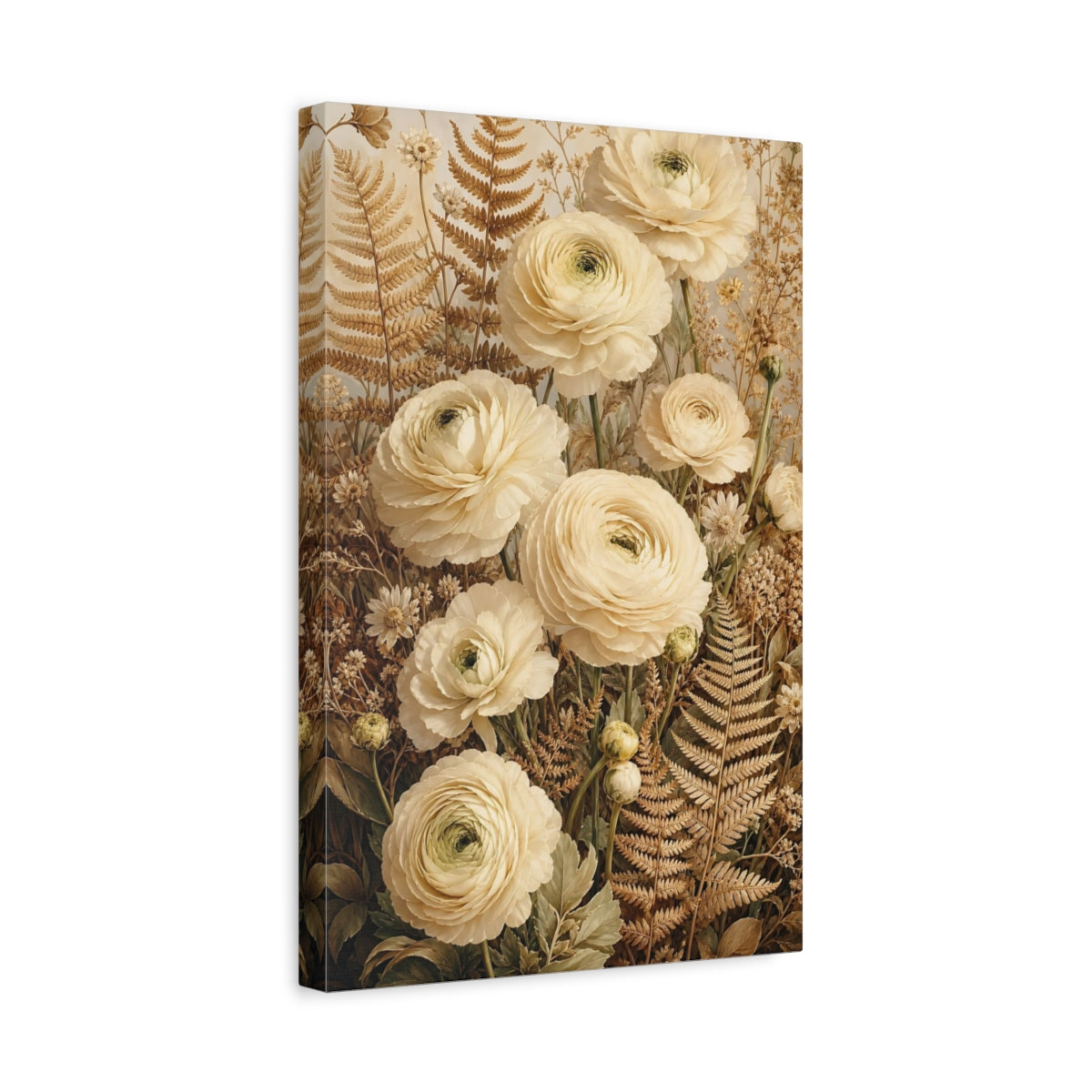 Side Mockup 4. Floral Ranunculus Flowers Cream Floral shown as canvas print