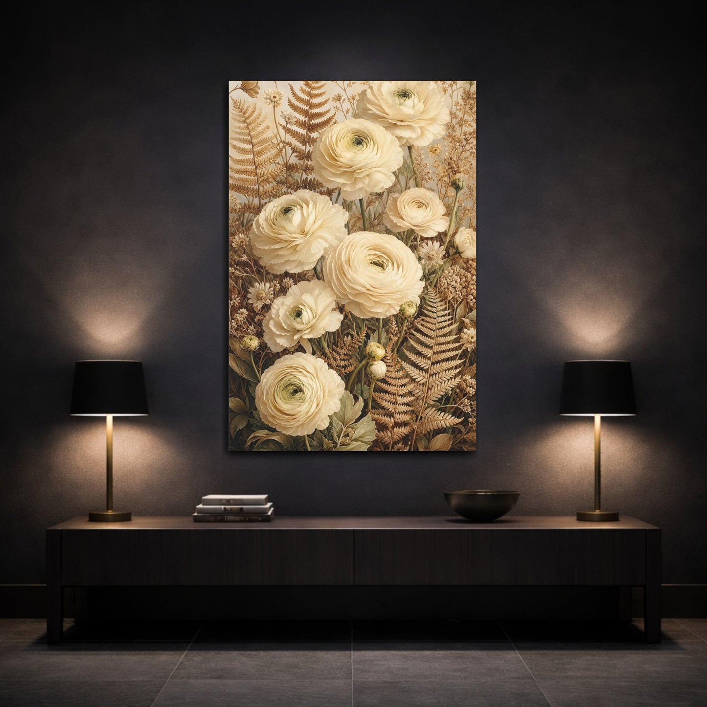 Mockup 3. Floral Ranunculus Flowers Cream Floral shown as canvas print