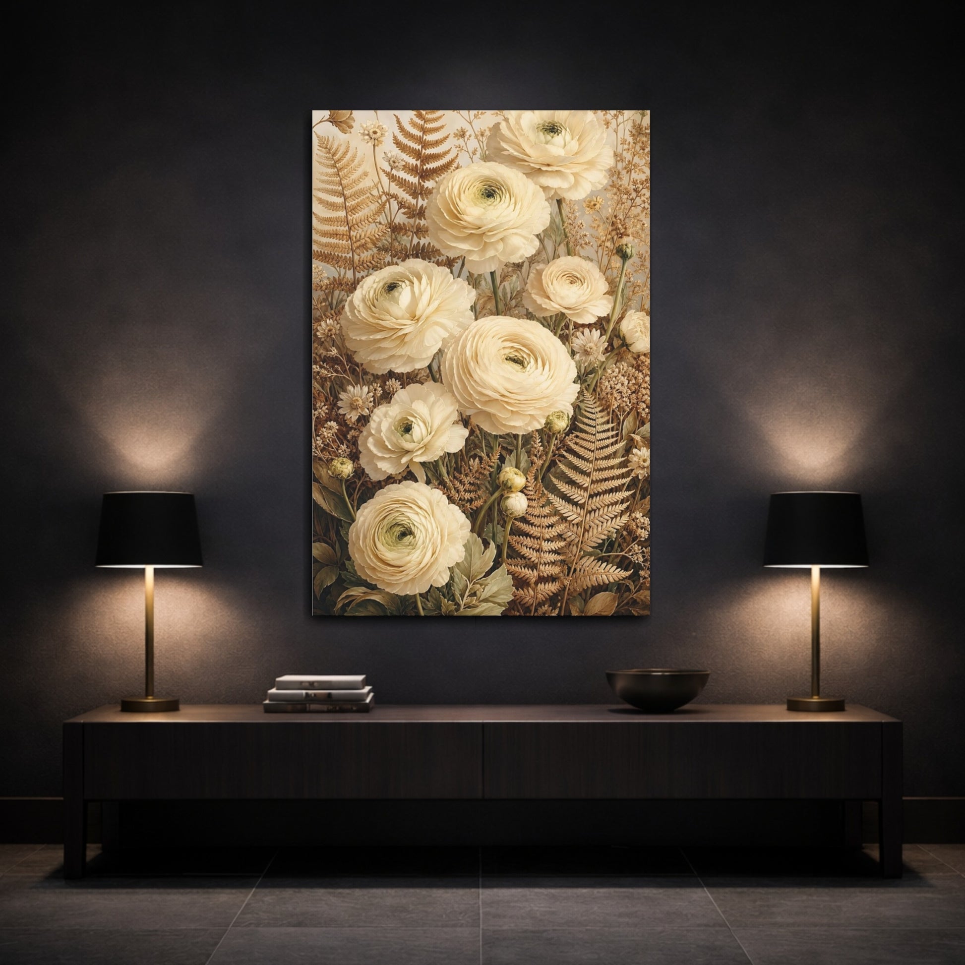Mockup 3. Floral Ranunculus Flowers Cream Floral shown as canvas print
