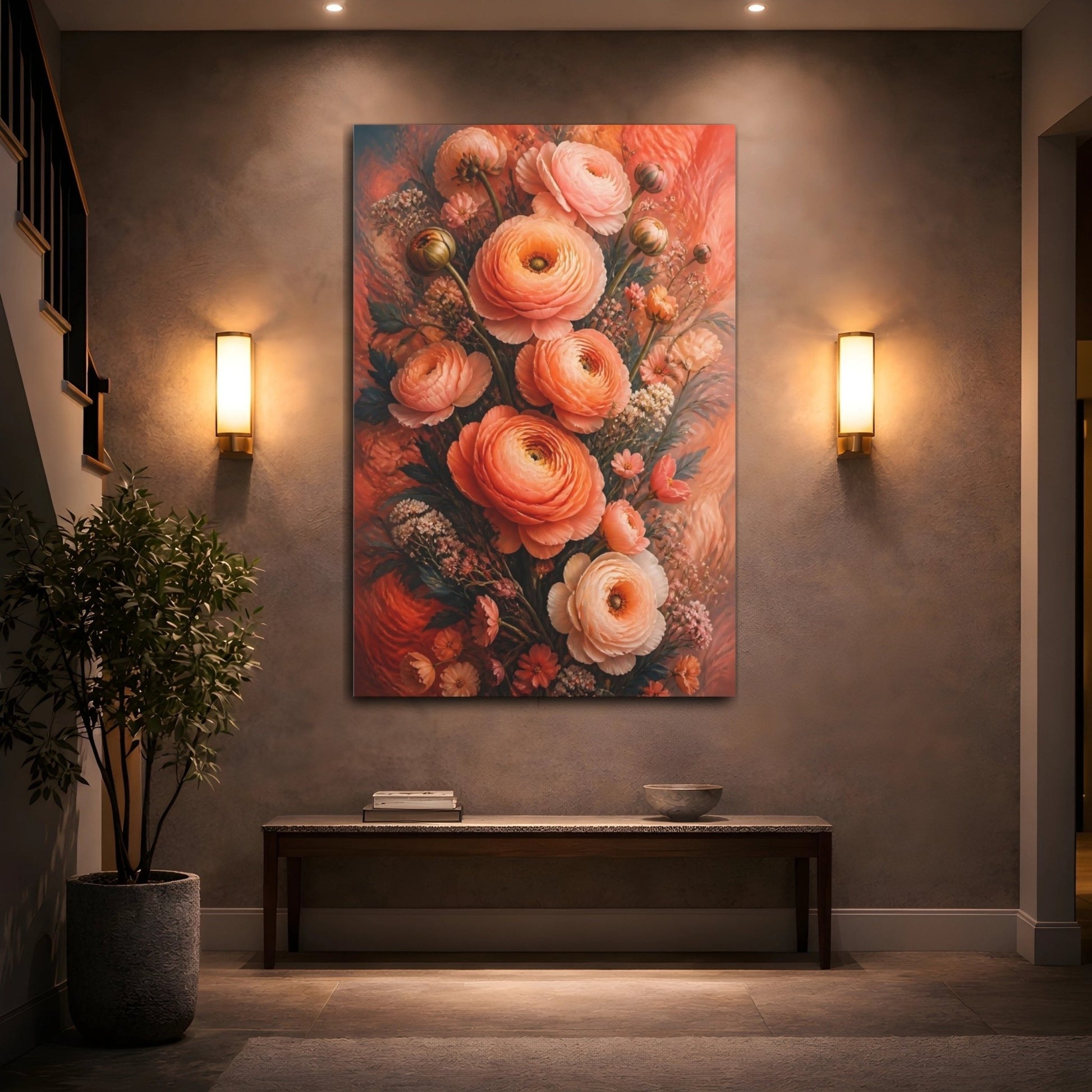 Floral Ranunculus Flowers Peach Canvas Print – Living Room, Above Sofa - YesArtYes