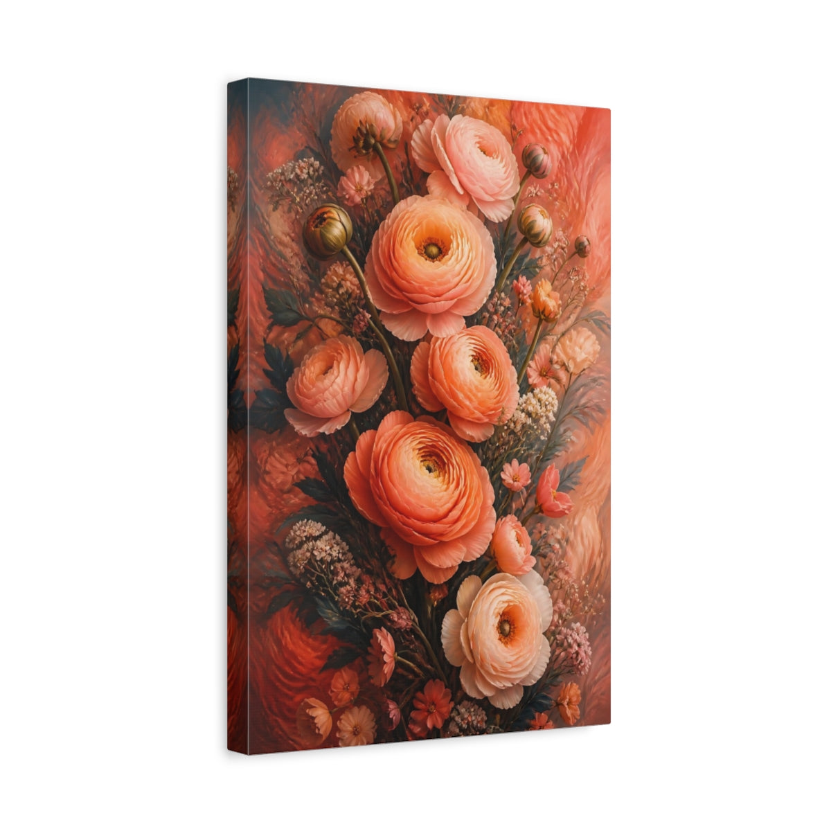 Side Mockup 4. Floral Ranunculus Flowers Peach Floral shown as canvas print
