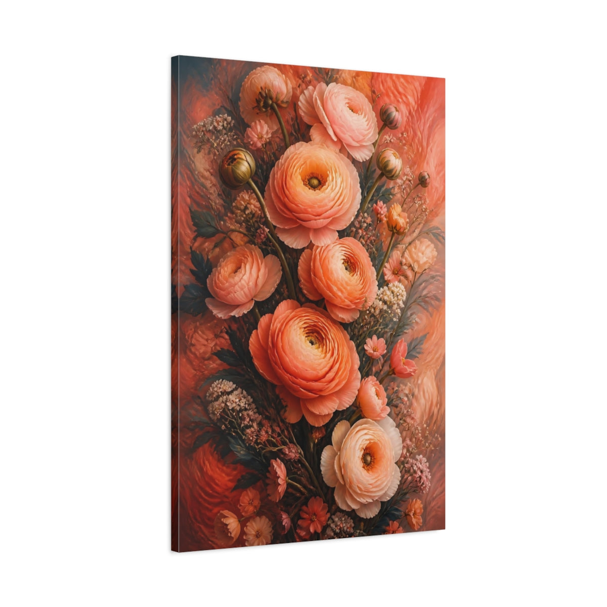 Main Mockup. Floral Ranunculus Flowers Peach Floral shown as canvas print