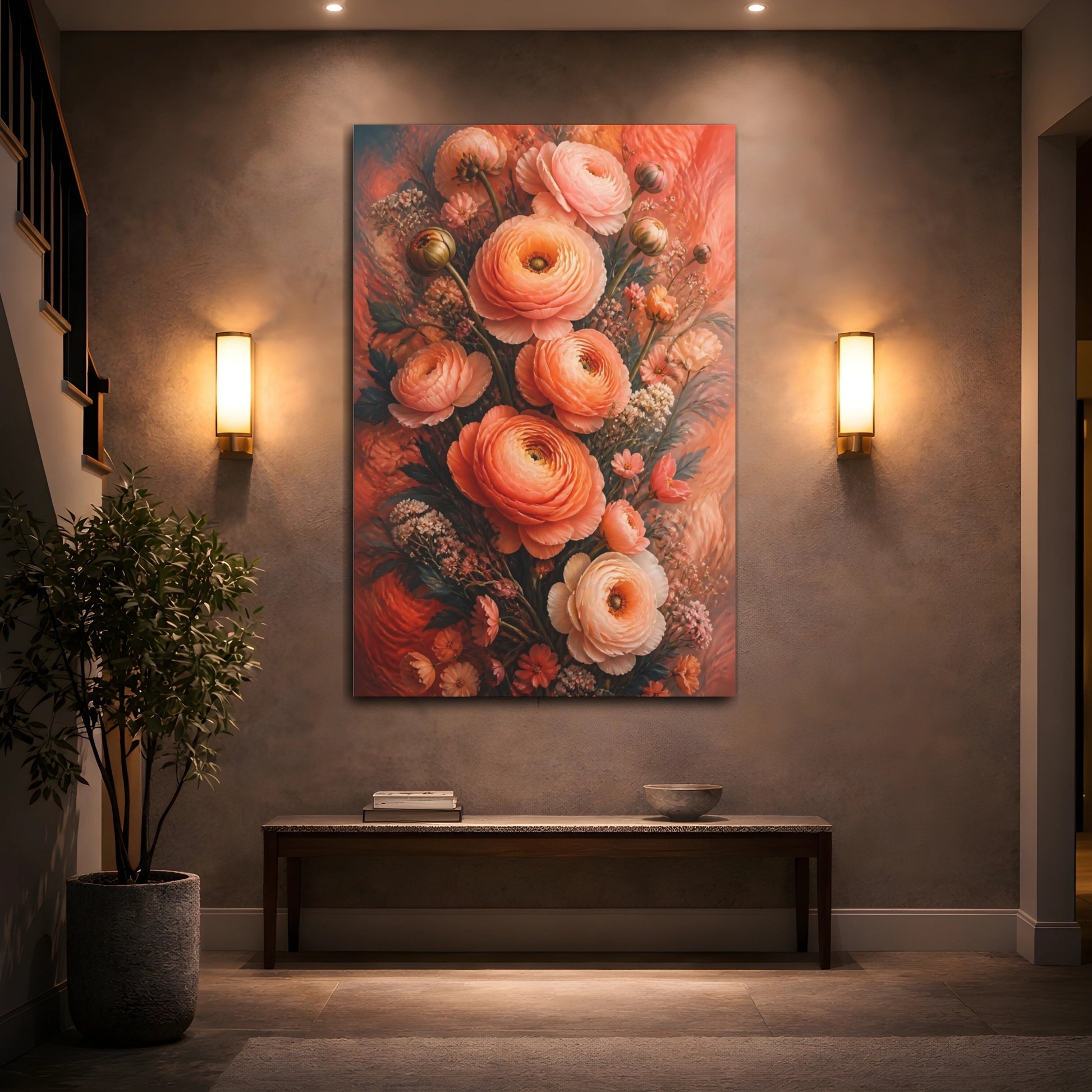 Mockup 2. Floral Ranunculus Flowers Peach Floral shown as canvas print