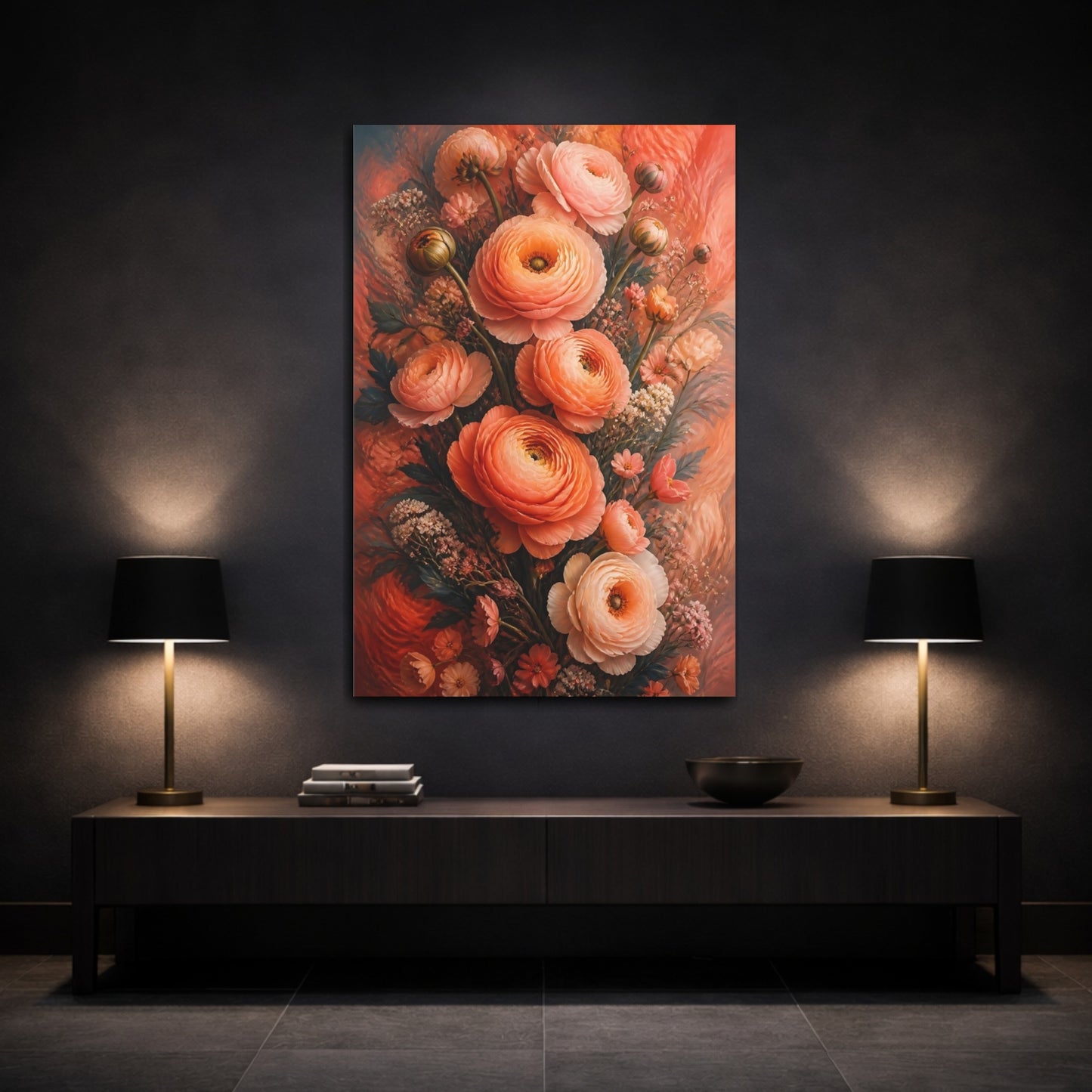 Mockup 3. Floral Ranunculus Flowers Peach Floral shown as canvas print