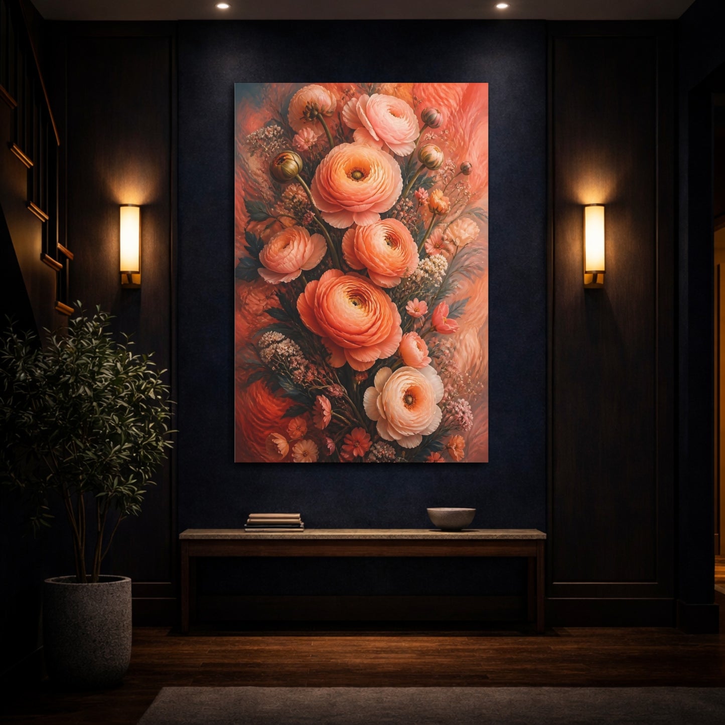 Mockup 4. Floral Ranunculus Flowers Peach Floral shown as canvas print