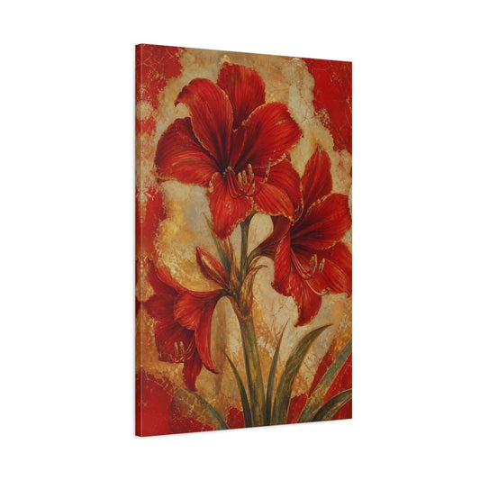 Floral Red Amaryllis And Gold Canvas Print – Vintage Decor for Living Room, Above Fireplace - YesArtYes