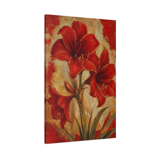 Main Mockup. Floral Red Amaryllis Red And Gold shown as canvas print
