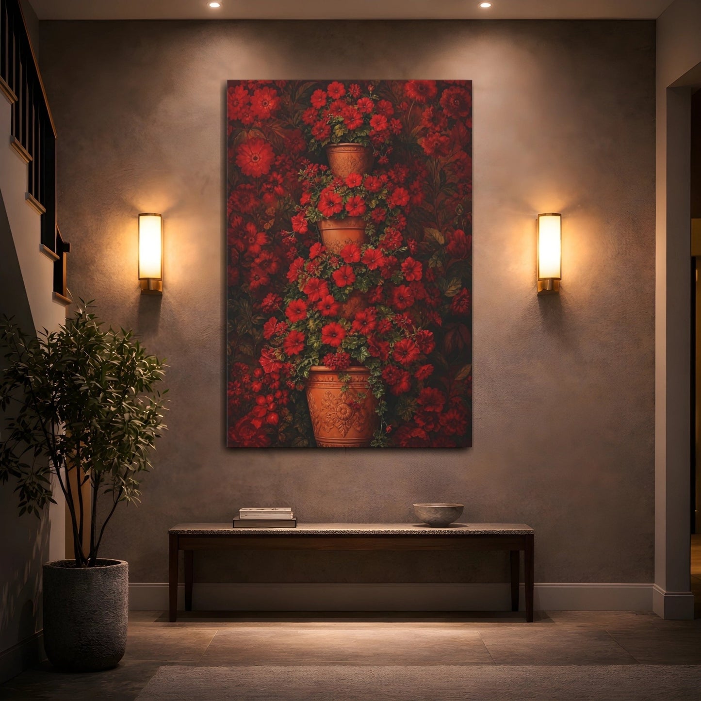 Floral Red Flowers Canvas Print – Living Room, Above Console Table - YesArtYes