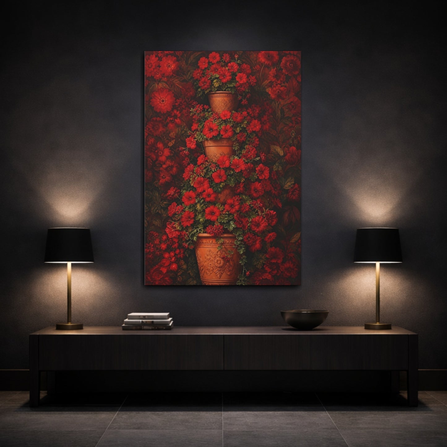 Mockup 3. Floral Red Flowers Red Floral shown as canvas print