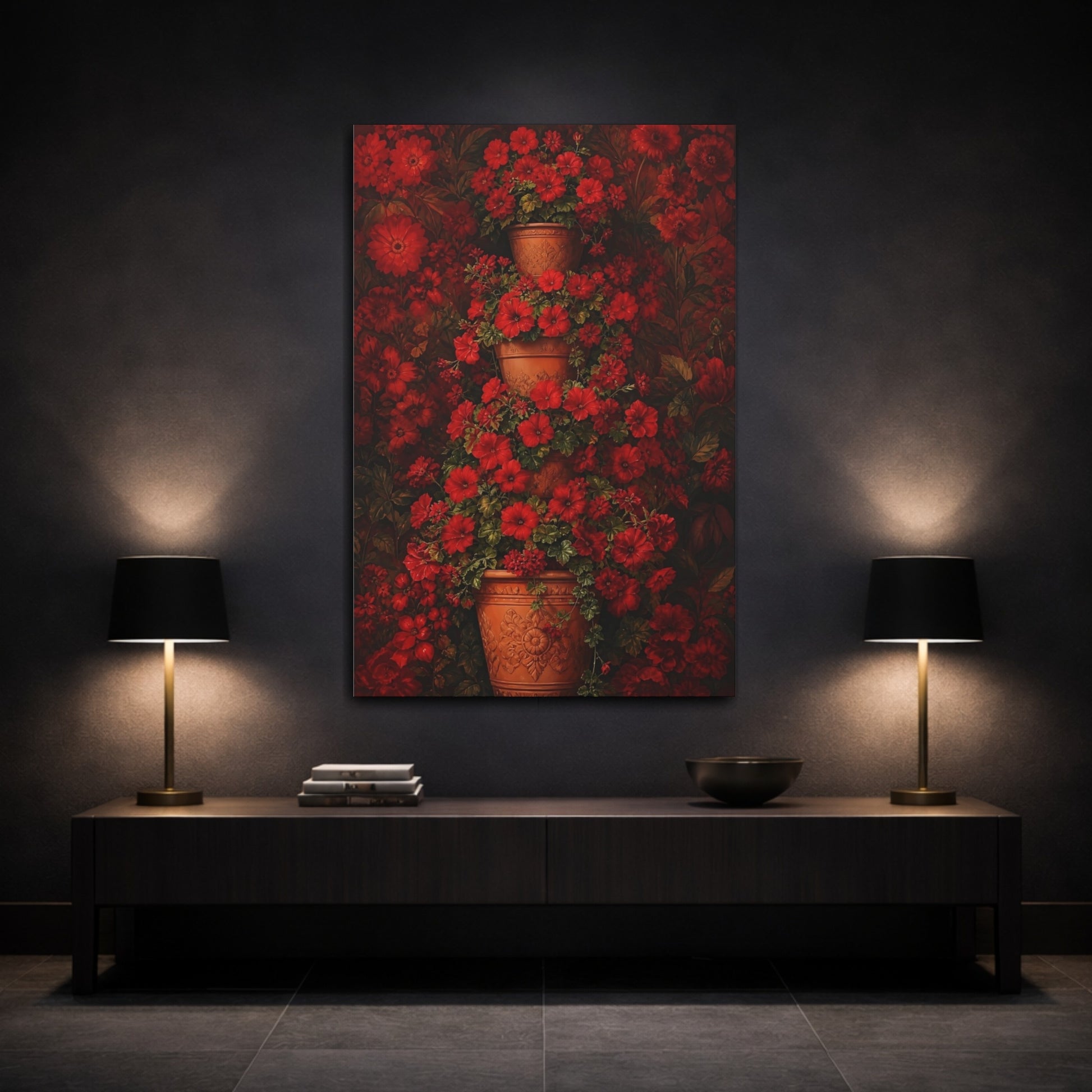 Mockup 3. Floral Red Flowers Red Floral shown as canvas print