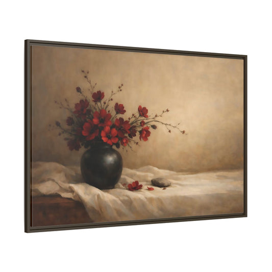 Main Mockup. Floral Red Flowers Red Flowers Still Life shown as stretched canvas wall art
