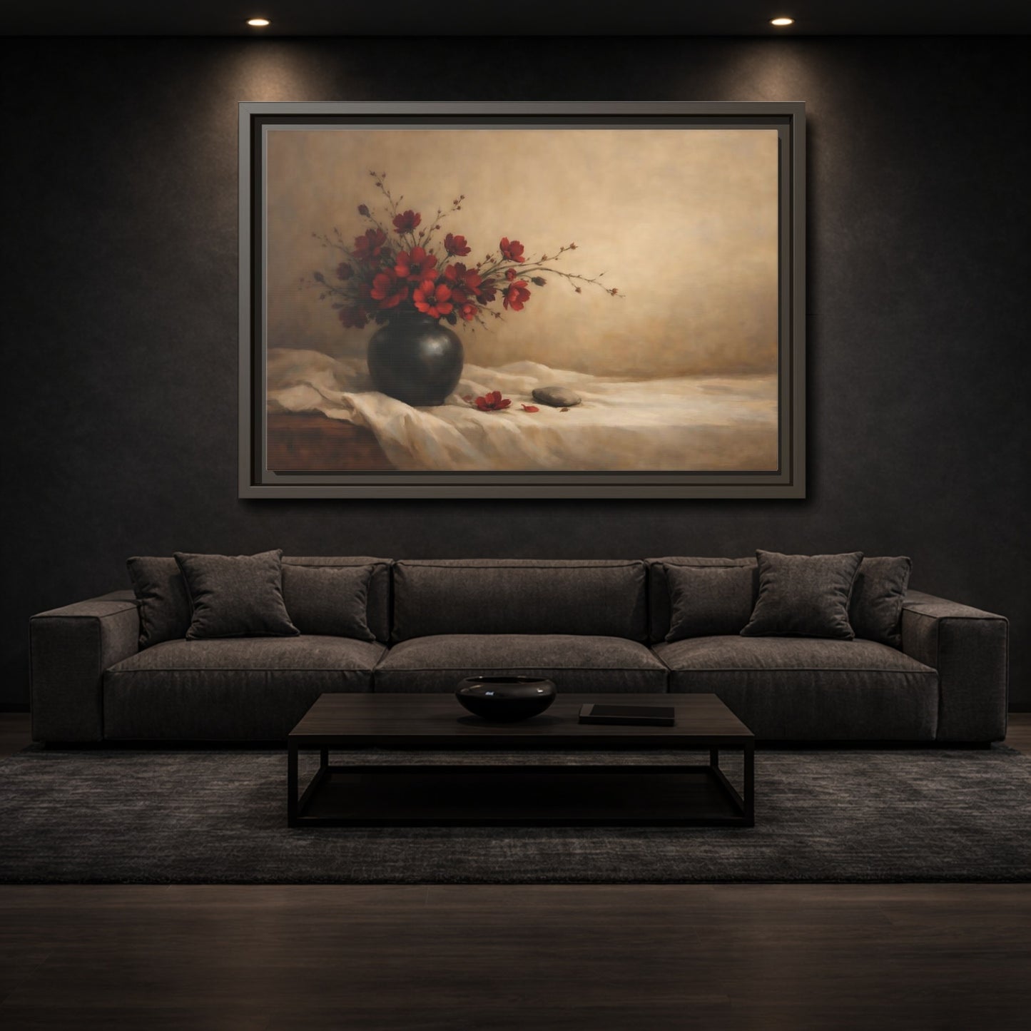 Mockup 2. Floral Red Flowers Red Flowers Still Life shown as stretched canvas wall art