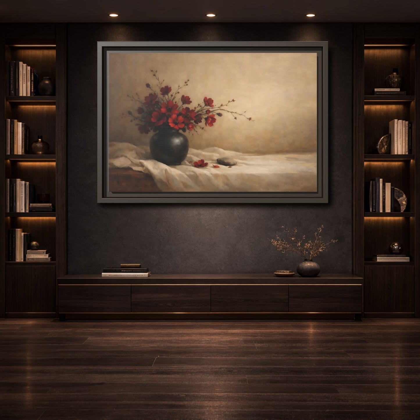 Mockup 3. Floral Red Flowers Red Flowers Still Life shown as stretched canvas wall art