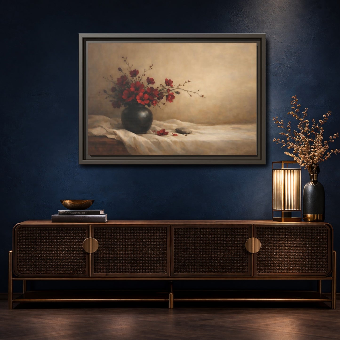 Mockup 4. Floral Red Flowers Red Flowers Still Life shown as stretched canvas wall art