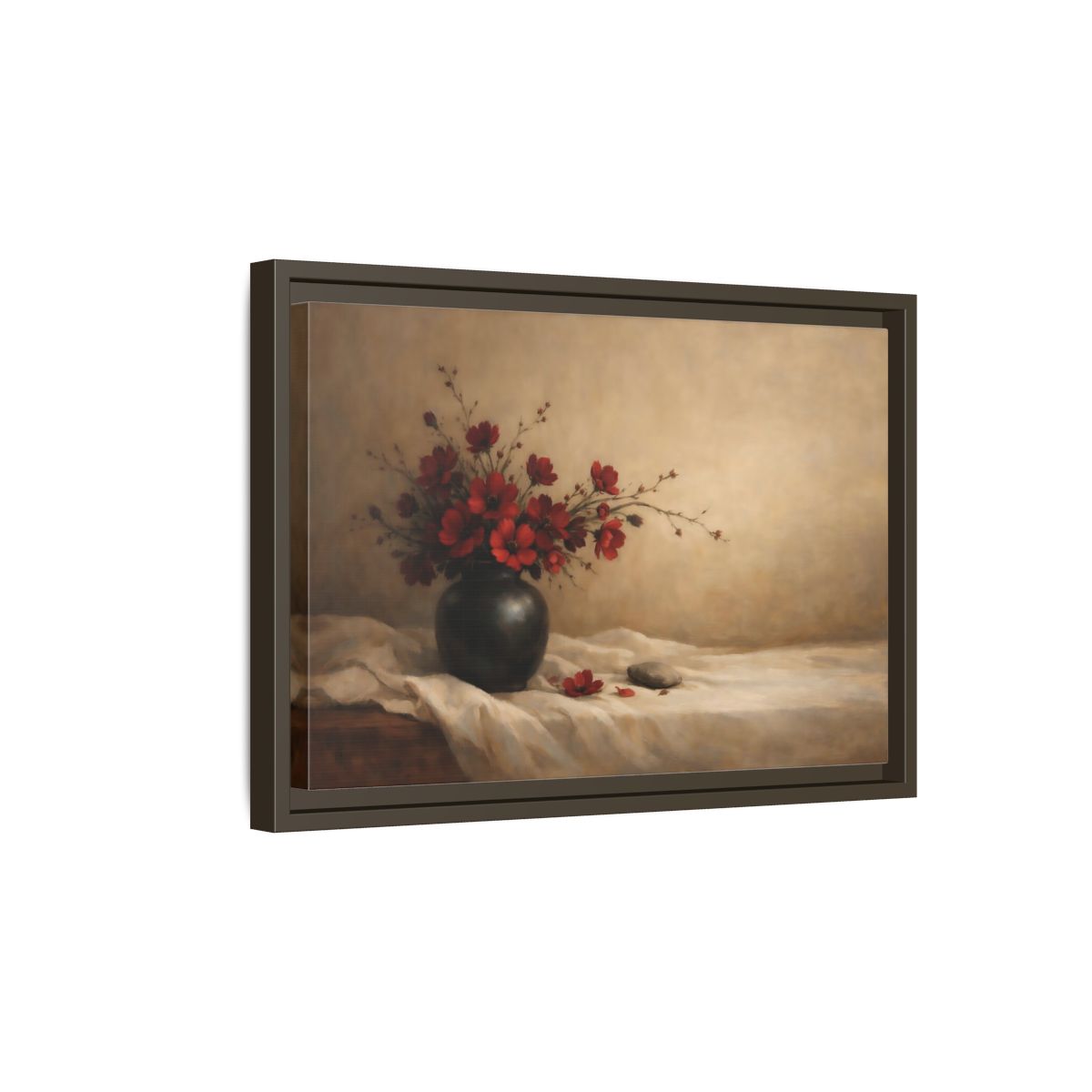 Side Mockup 5. Floral Red Flowers Red Flowers Still Life shown as stretched canvas wall art