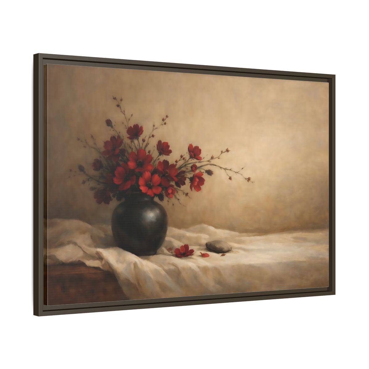 Side Mockup 9. Floral Red Flowers Red Flowers Still Life shown as stretched canvas wall art