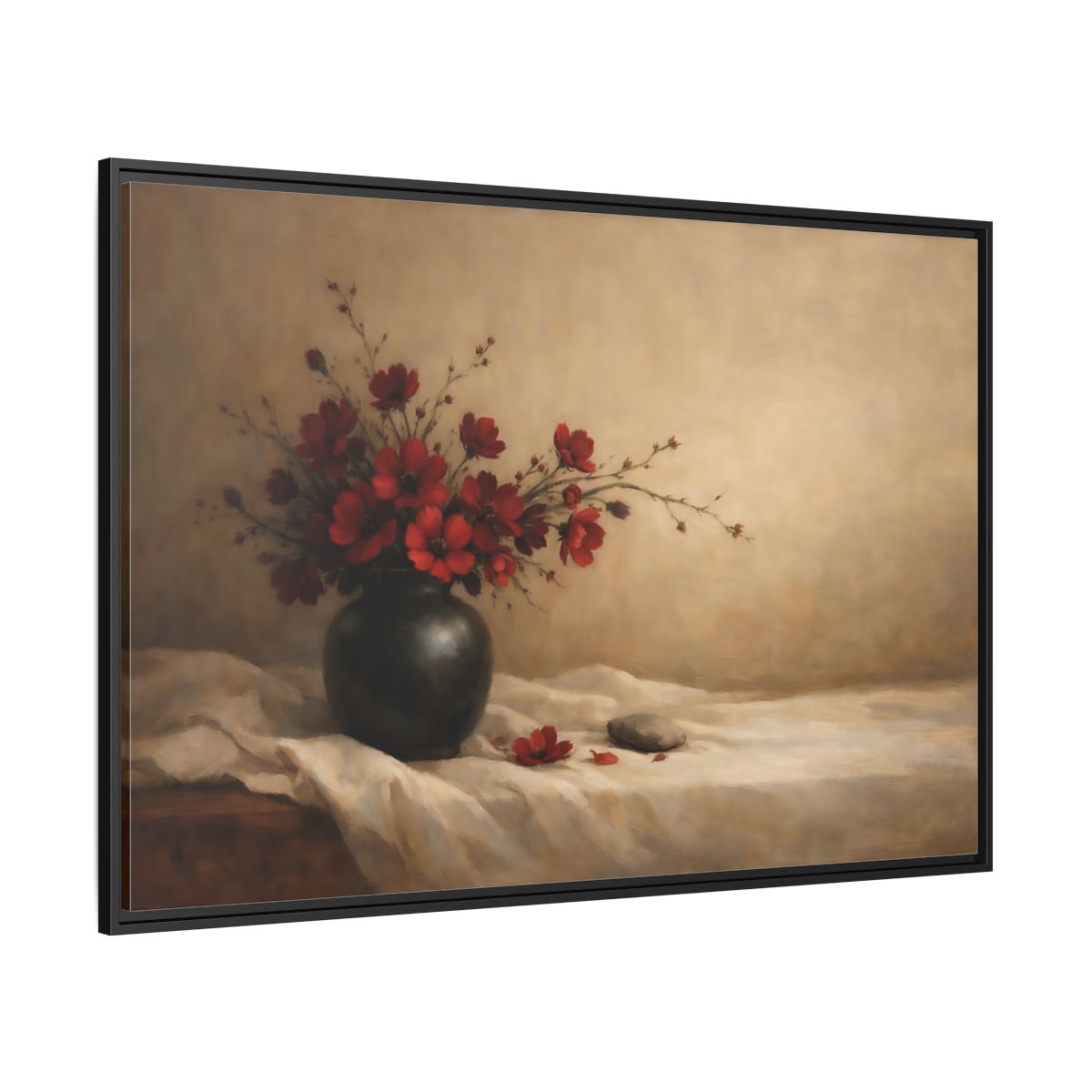 Side Mockup 12. Floral Red Flowers Red Flowers Still Life shown as stretched canvas wall art