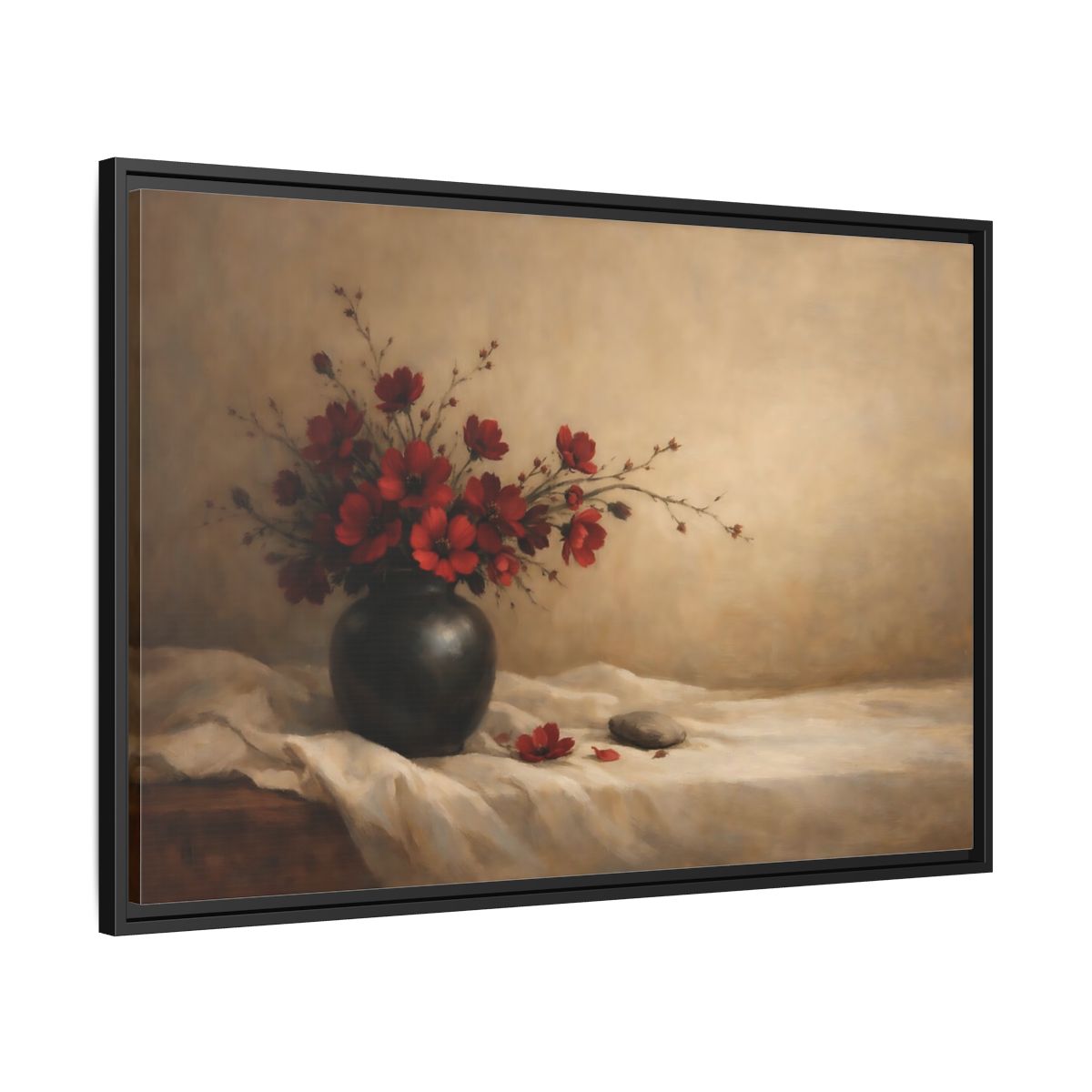 Side Mockup 13. Floral Red Flowers Red Flowers Still Life shown as stretched canvas wall art