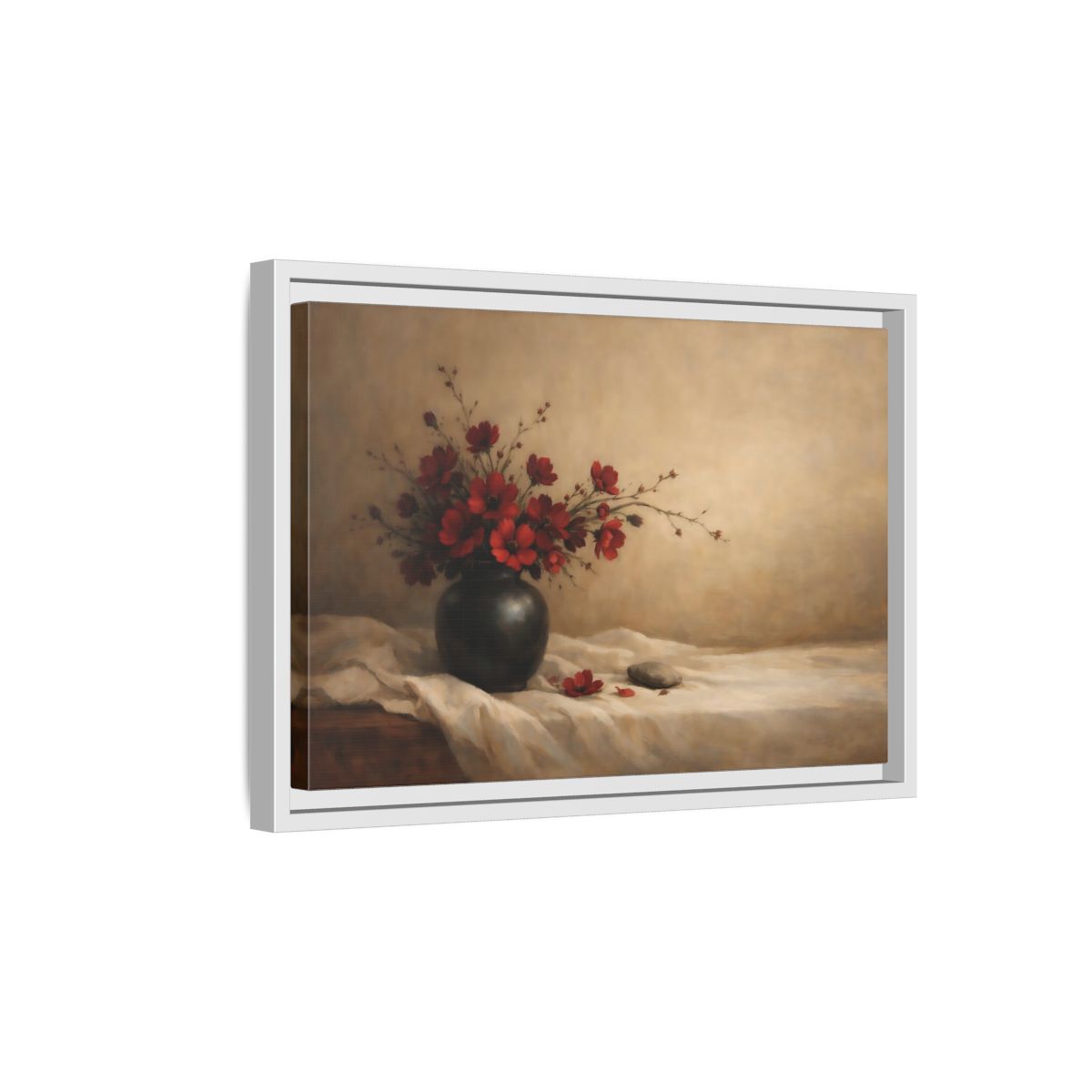 Side Mockup 4. Floral Red Flowers Red Flowers Still Life shown as stretched canvas wall art