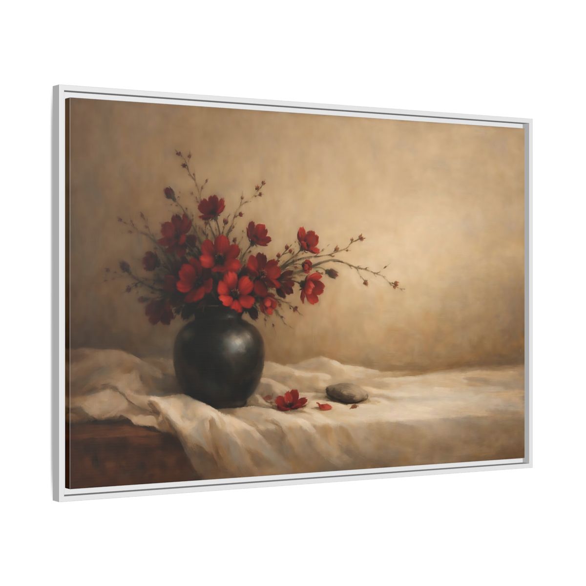 Side Mockup 7. Floral Red Flowers Red Flowers Still Life shown as stretched canvas wall art